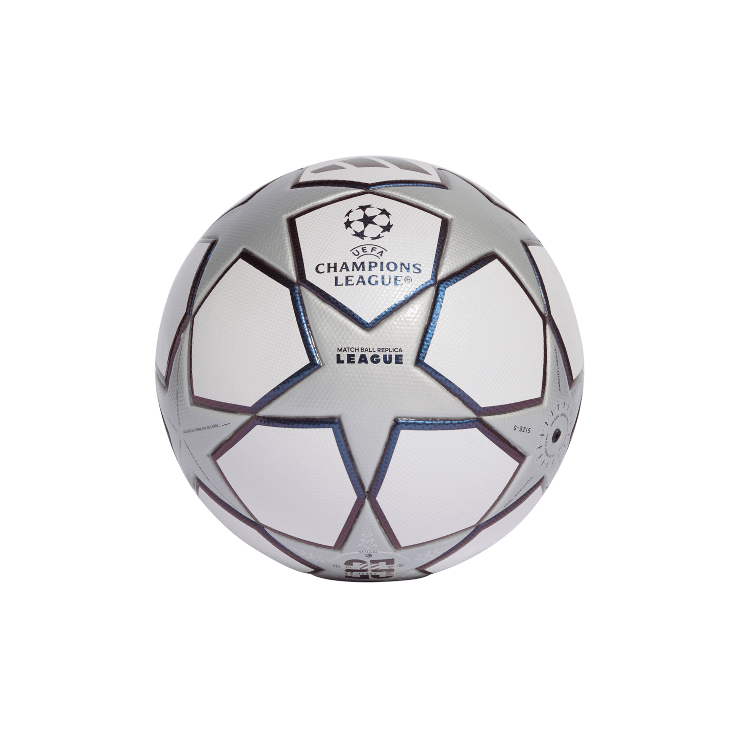 White and silver UEFA Champions League replica soccer ball with blue star panels on a black background.