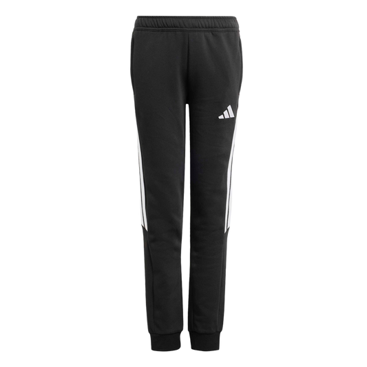 Black Adidas sweatpants with white stripes on the sides and a white logo on the left thigh. The joggers feature an elastic waistband and ribbed ankle cuffs.