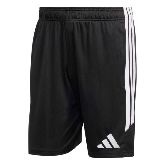 A front view of black Adidas athletic shorts with three white vertical stripes along the side and a white Adidas logo on the lower left leg.