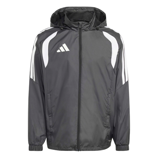 A dark grey Adidas hooded windbreaker with white shoulder panels and three stripes on the sleeves.