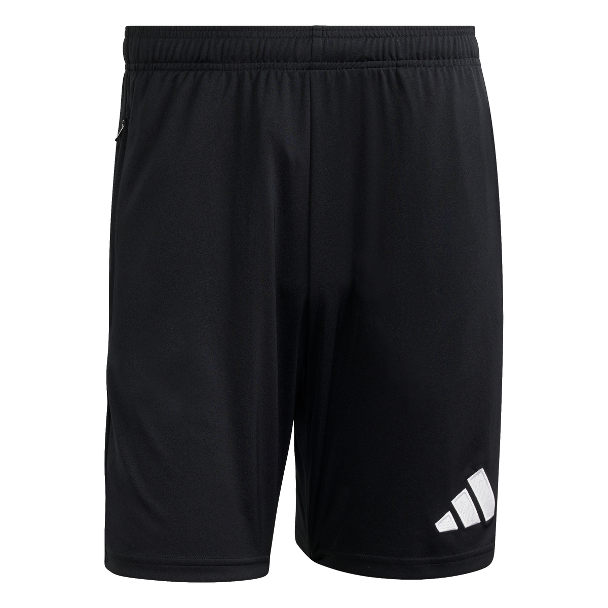Front view of black athletic shorts with an elastic waistband and a white Adidas logo on the lower leg.
