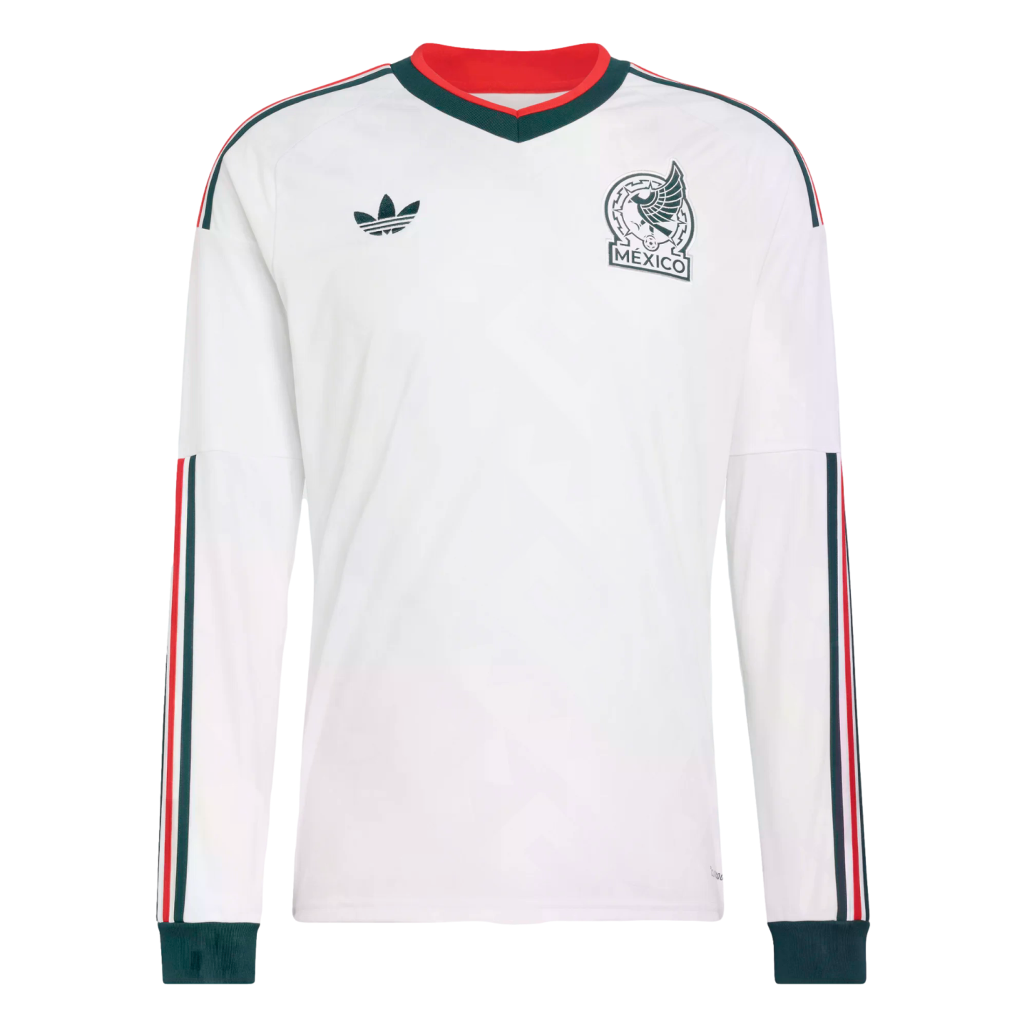 A white long-sleeve Mexico national team soccer jersey with a vintage Adidas logo, team crest, and green and red stripes on the sleeves and trim.