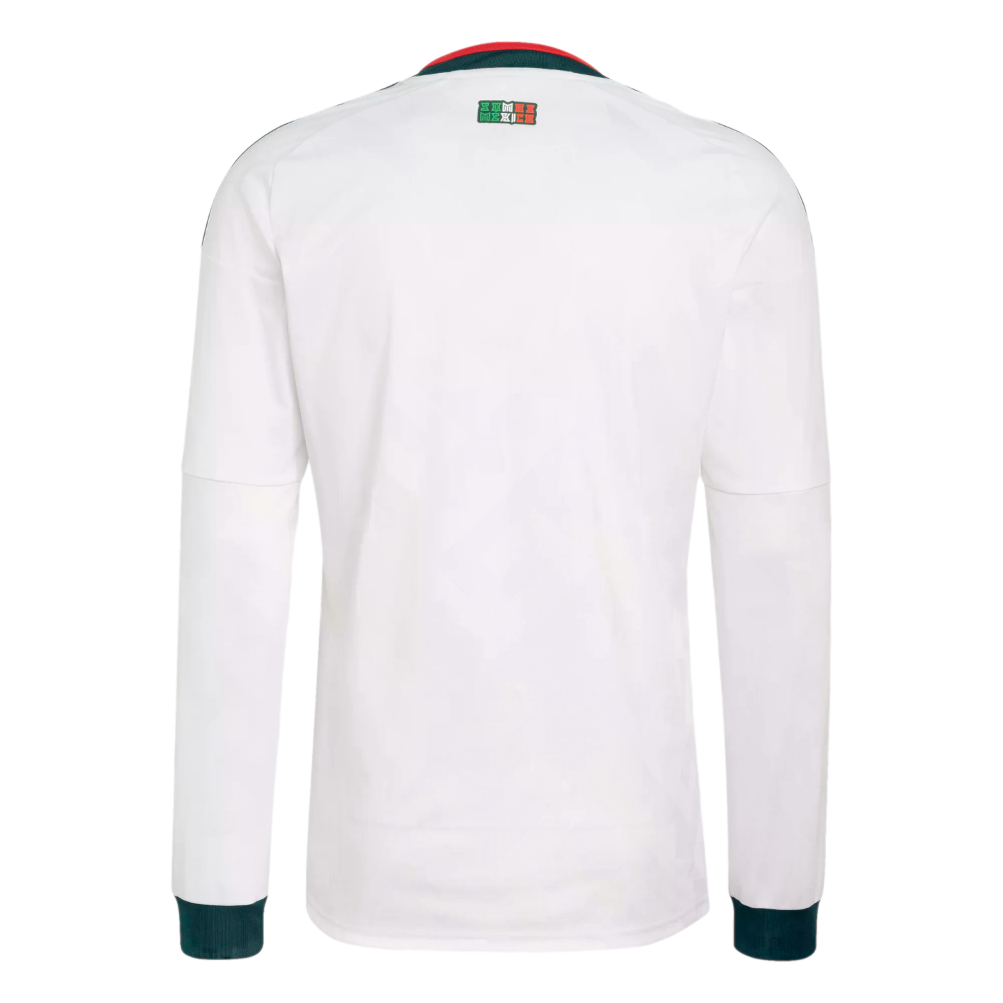 Back view of a white long-sleeved Mexico soccer jersey with green and red collar accents and dark green cuffs. A small Mexico logo is on the upper back.
