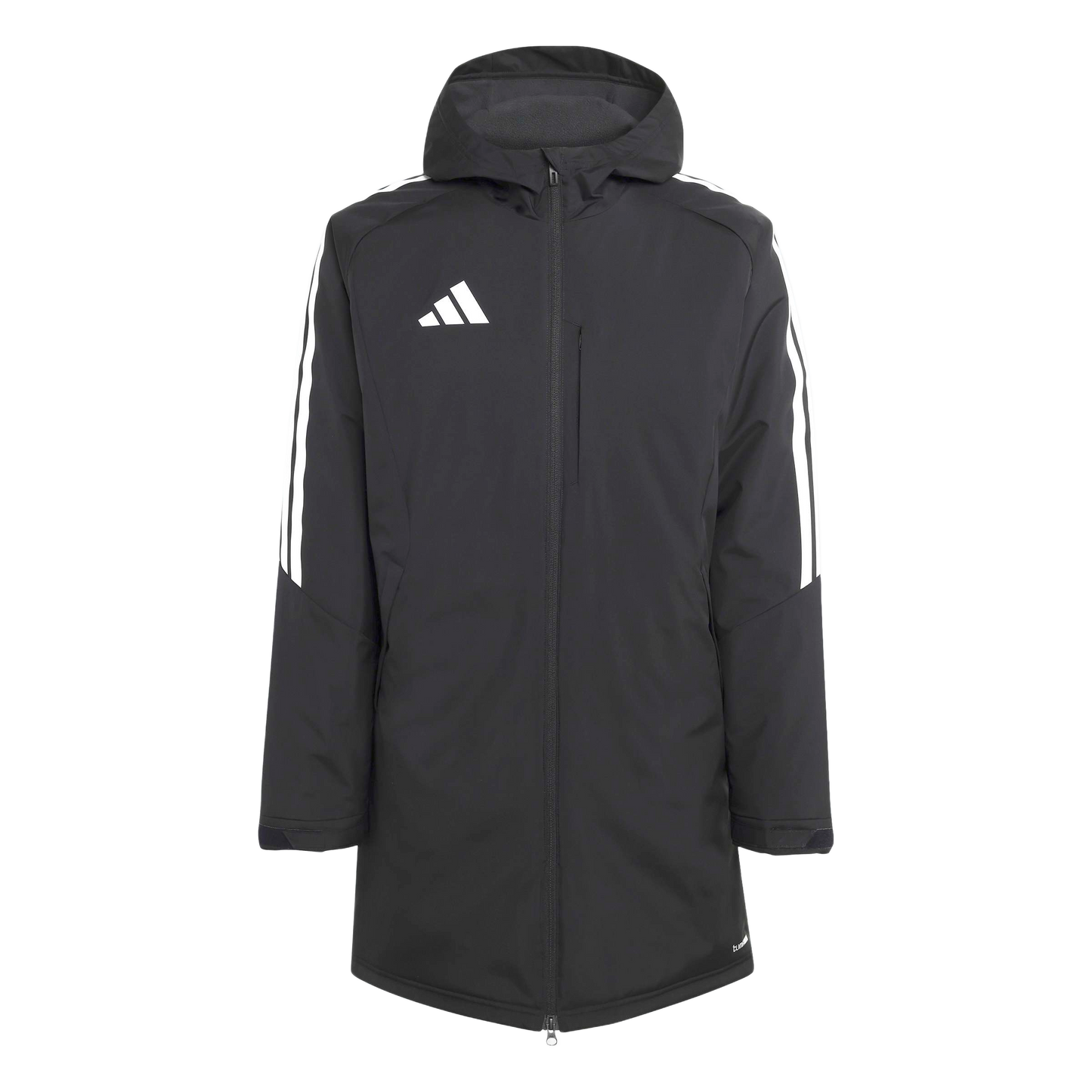 Long black Adidas hooded parka with white logo and three-stripe sleeve detail.