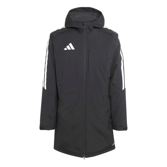 Long black Adidas hooded parka with white logo and three-stripe sleeve detail.