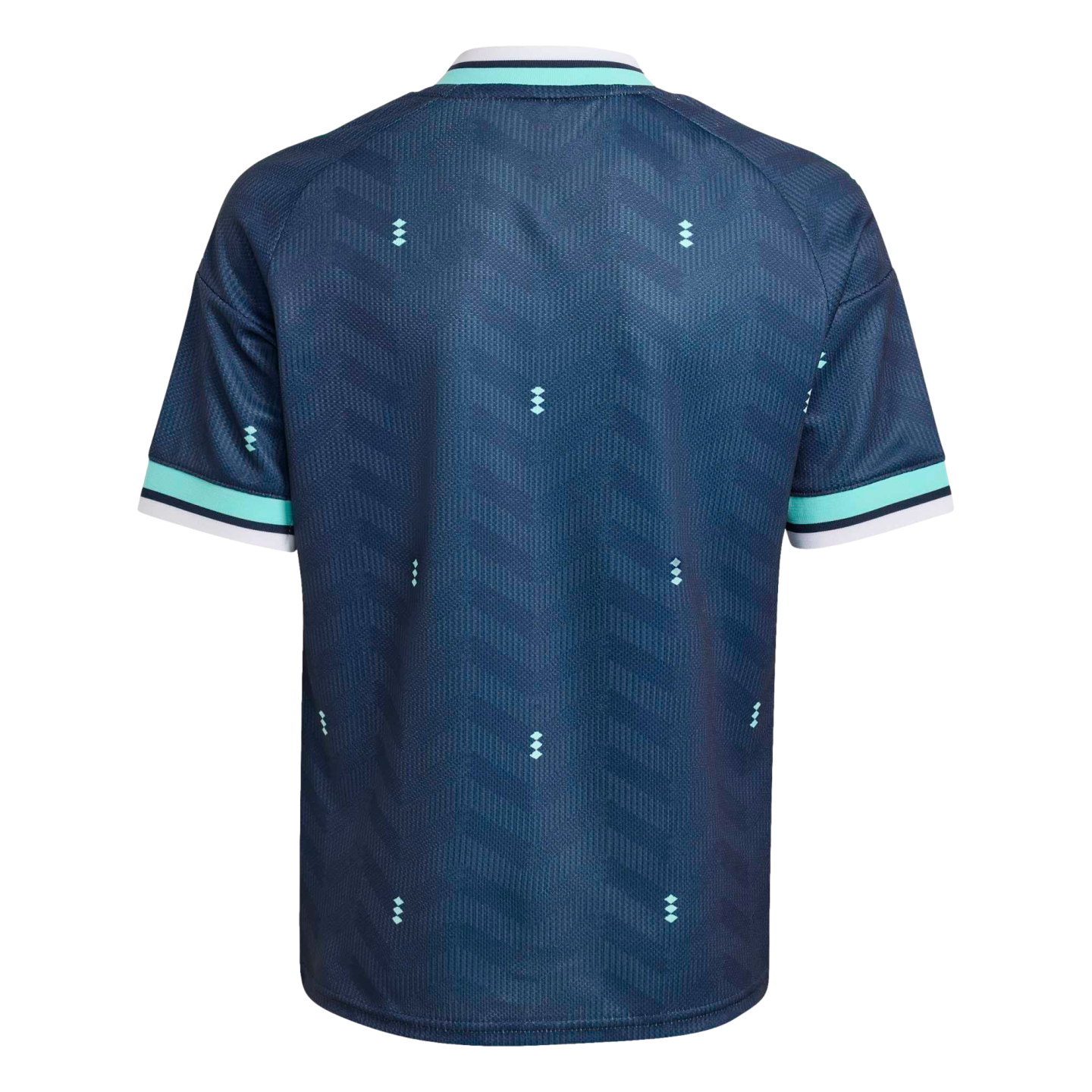 The back of a dark teal sports jersey featuring a chevron pattern, light teal diamond accents, and striped sleeve cuffs and collar, isolated on a black background.