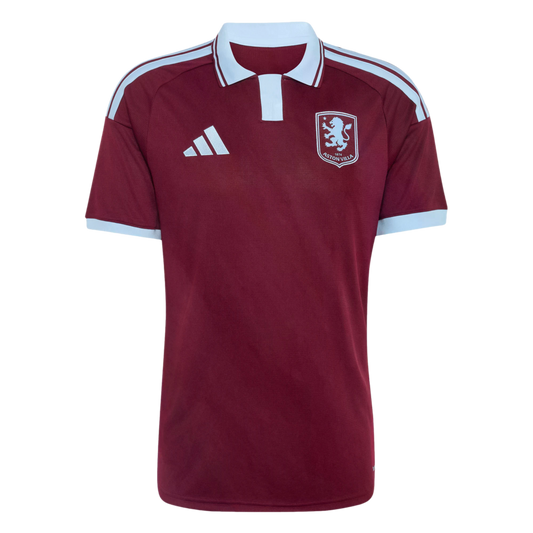 A claret Adidas Aston Villa football jersey featuring white trim on the collar, cuffs, and shoulders, with the club's crest on the chest.