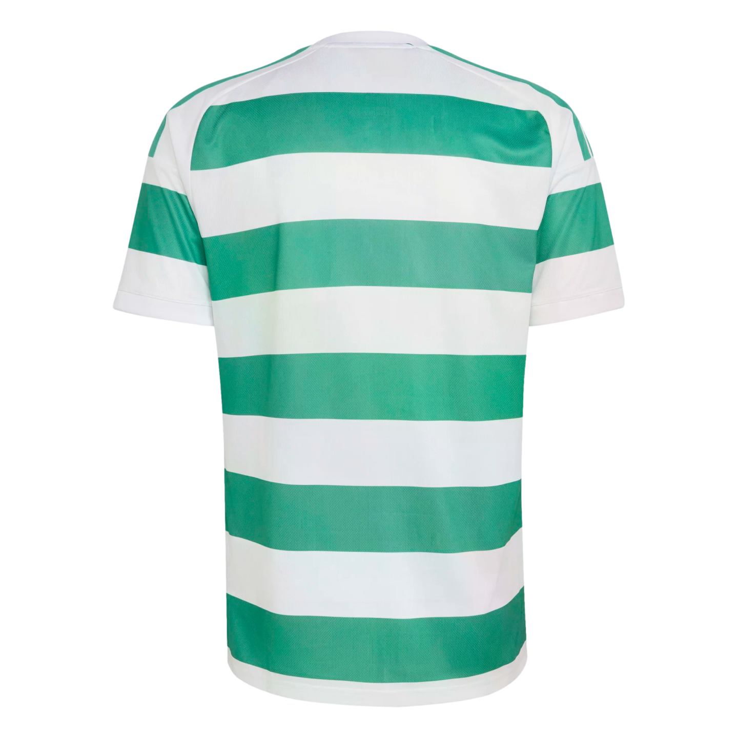 Back view of a short-sleeved football jersey with horizontal green and white stripes on a white background.