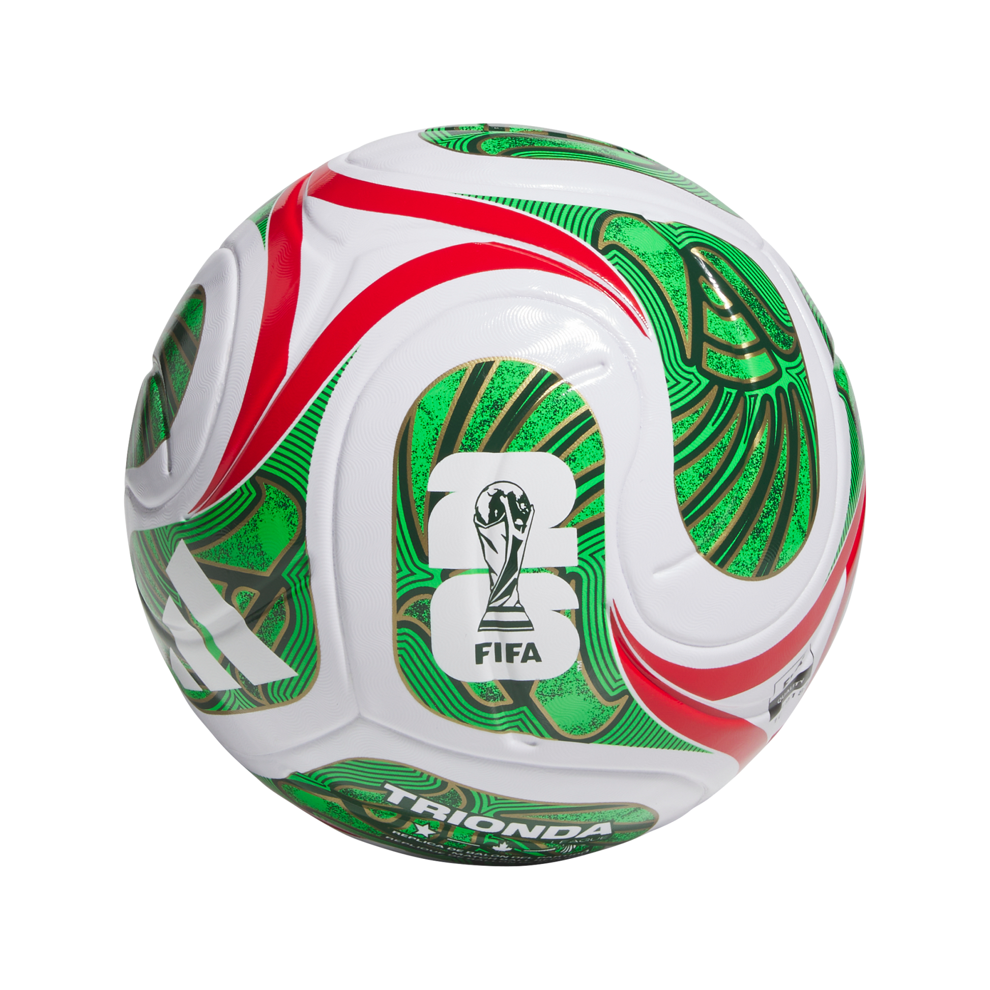 White soccer ball with green, red, and gold patterns, featuring the FIFA World Cup trophy and Adidas logos, isolated on a black background.