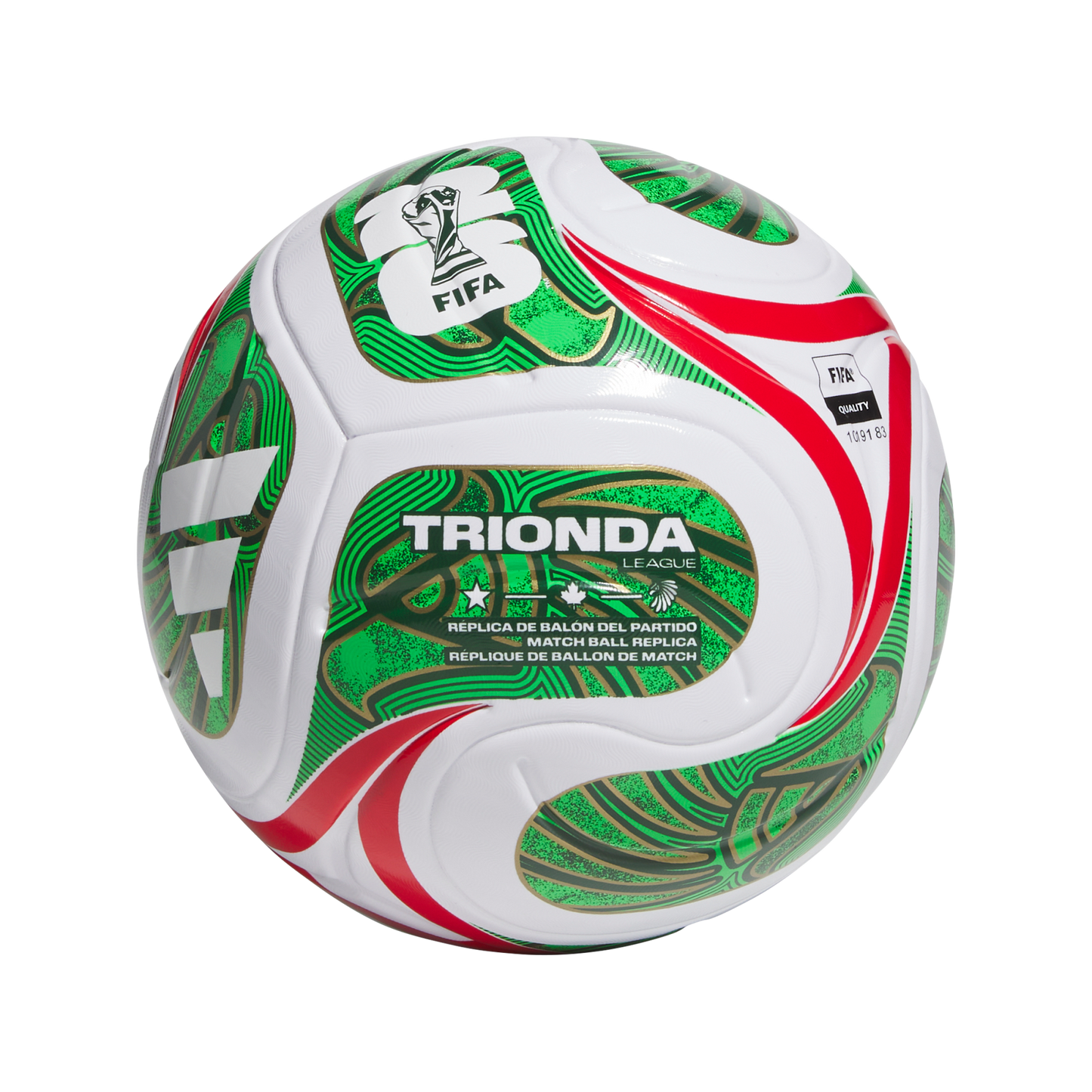 A white soccer ball featuring green, red, and gold patterns with "TRIONDA LEAGUE" and FIFA logos. Panels show a star, maple leaf, and eagle head symbol.