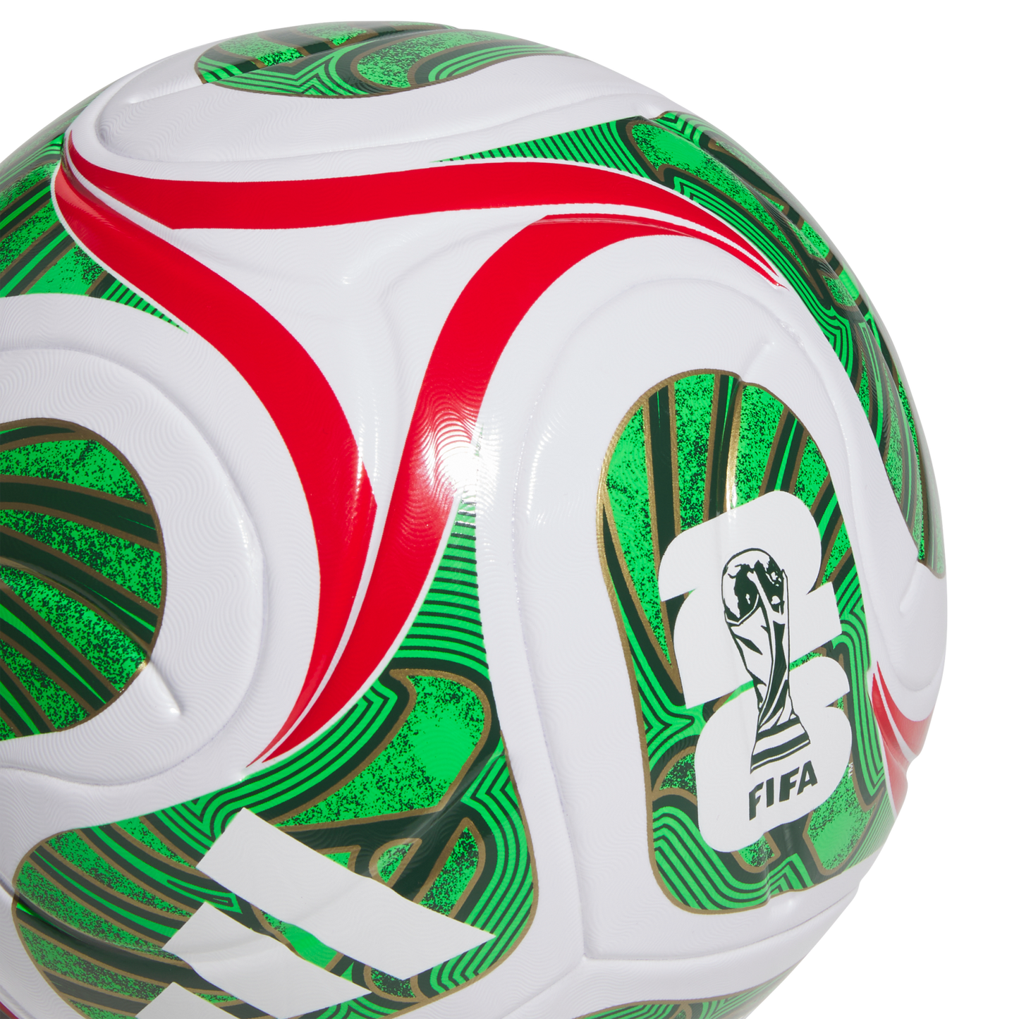White soccer ball with green, red, and gold patterns, featuring the 2026 FIFA World Cup logo and Adidas branding, set against a black background.