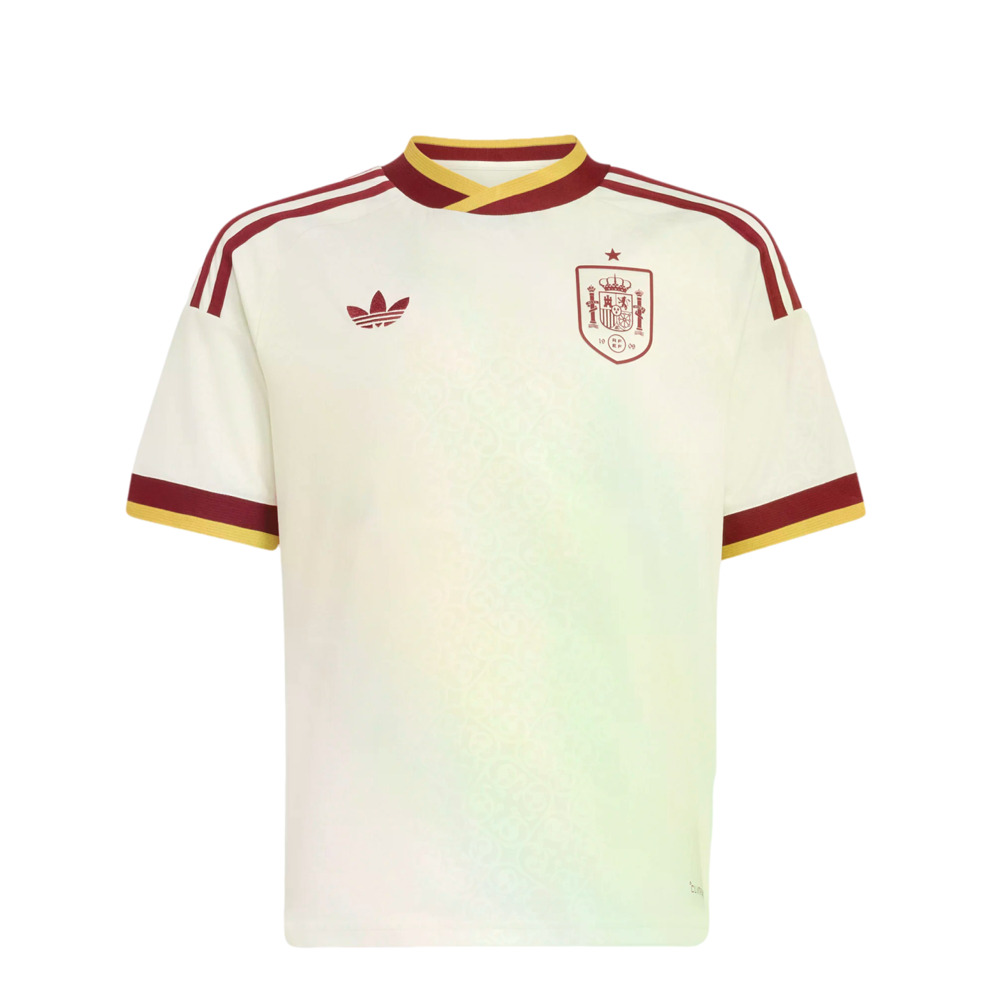 An off-white Adidas Spanish national team soccer jersey with maroon and gold accents, featuring the team crest and a trefoil logo on the chest.