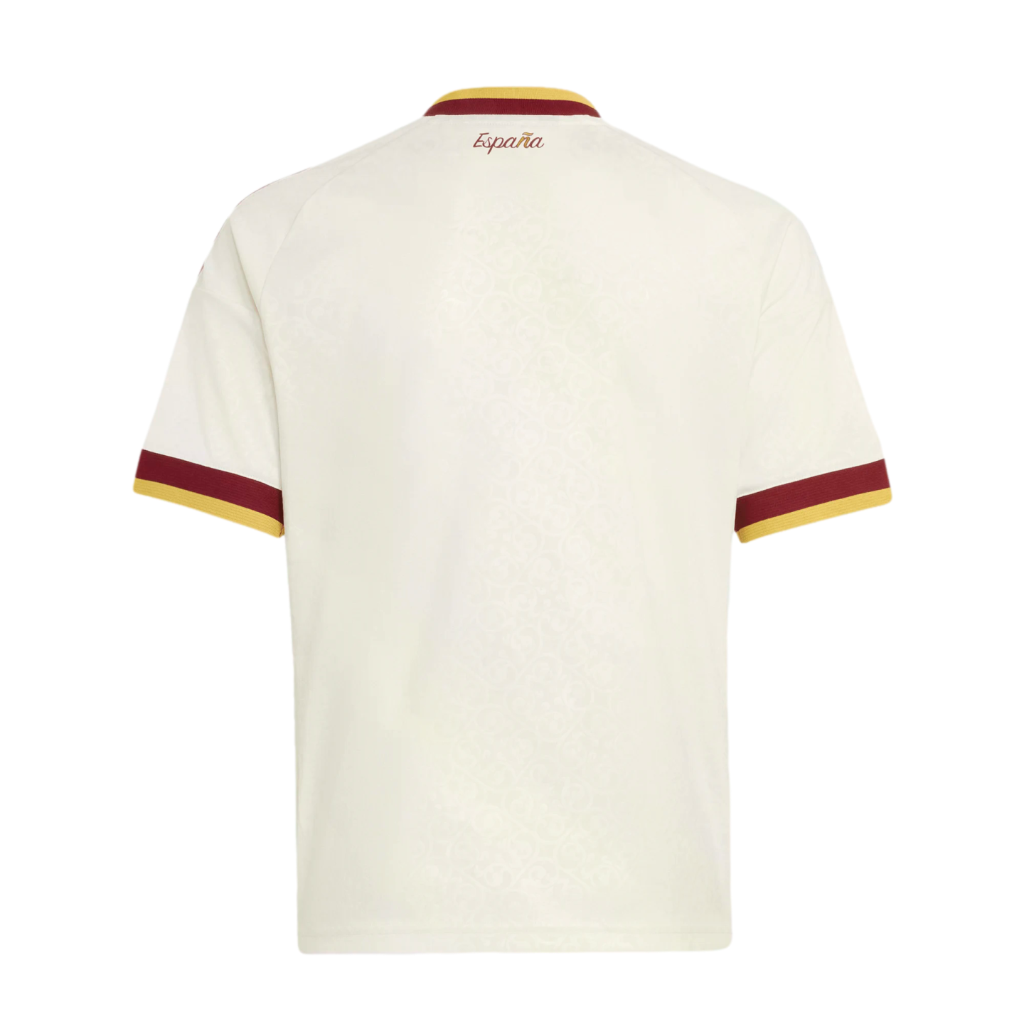 A back view of a white jersey featuring red and yellow bands on the collar and sleeve cuffs. The word "España" is written in red script at the top center of the back, just below the collar.