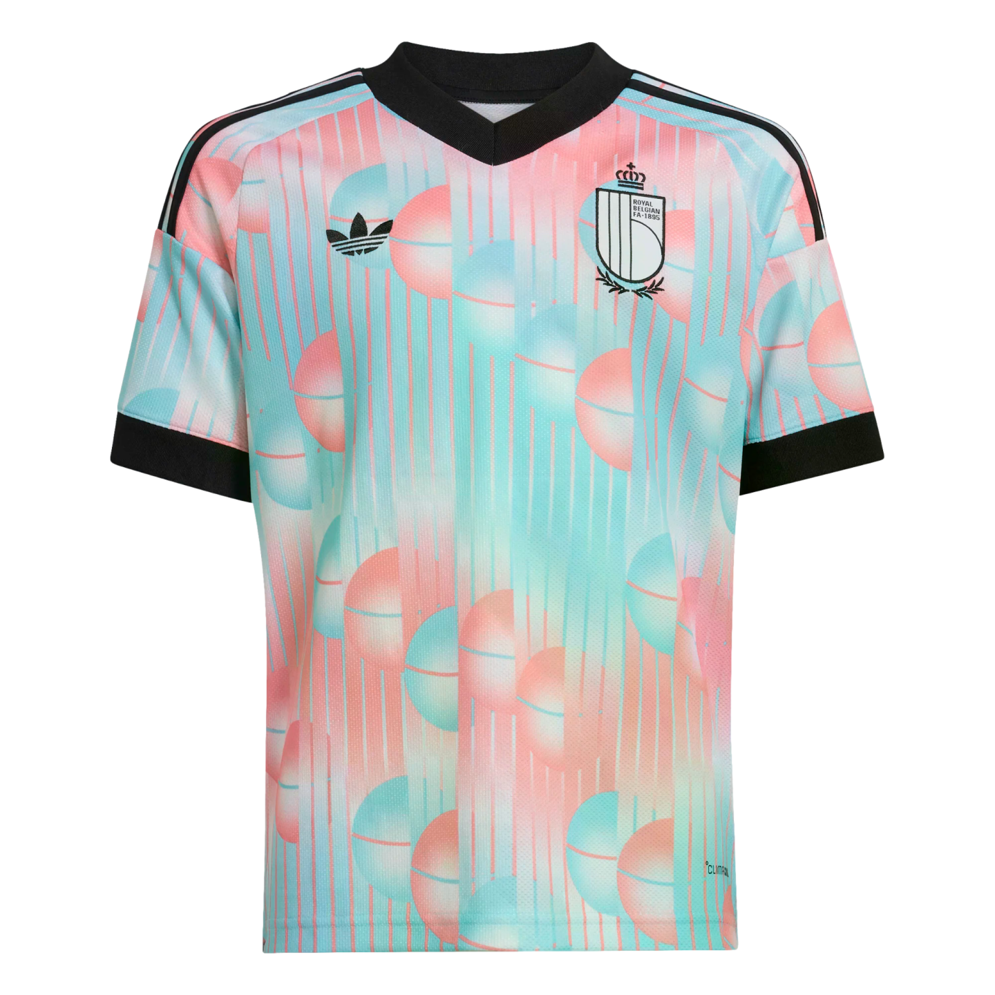 Adidas Belgium soccer jersey featuring a pastel pink and light blue geometric pattern, black V-neck collar, and shoulder stripes.