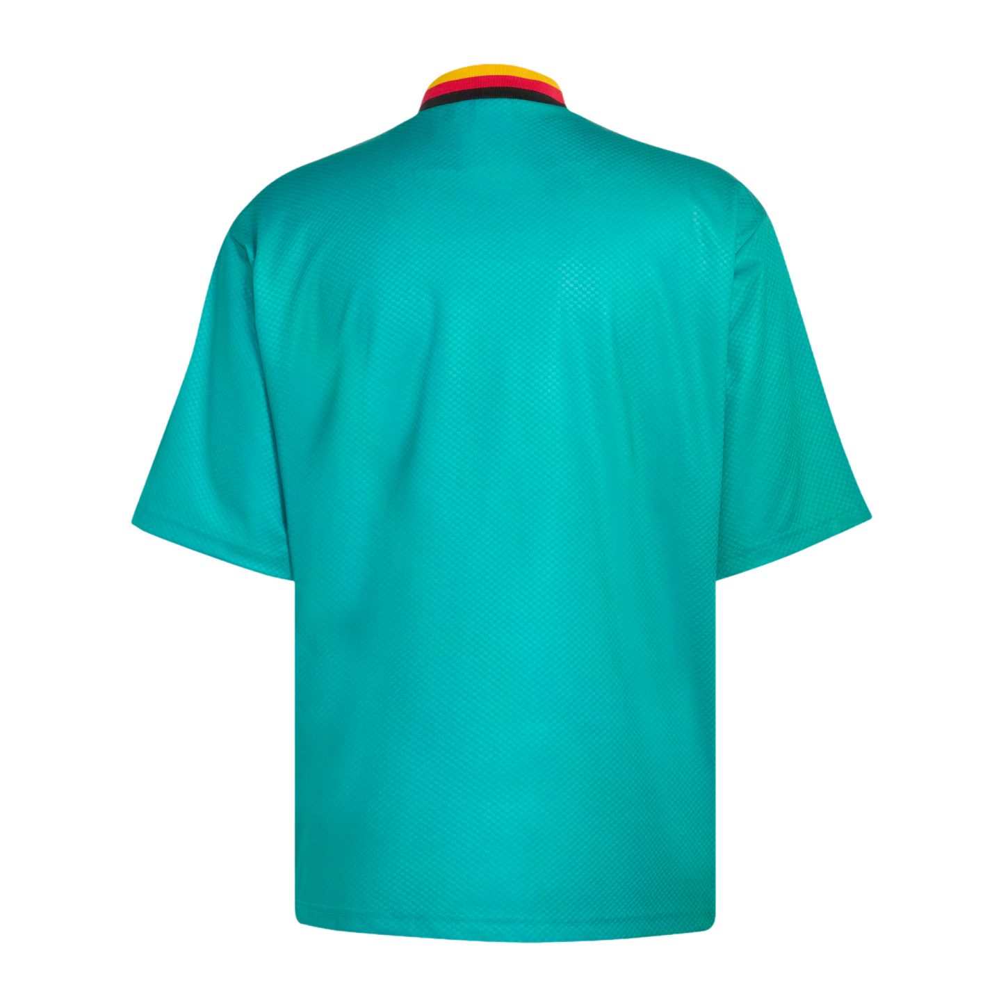 Back view of a teal short-sleeved jersey featuring a polo collar with yellow, red, and black horizontal stripes.