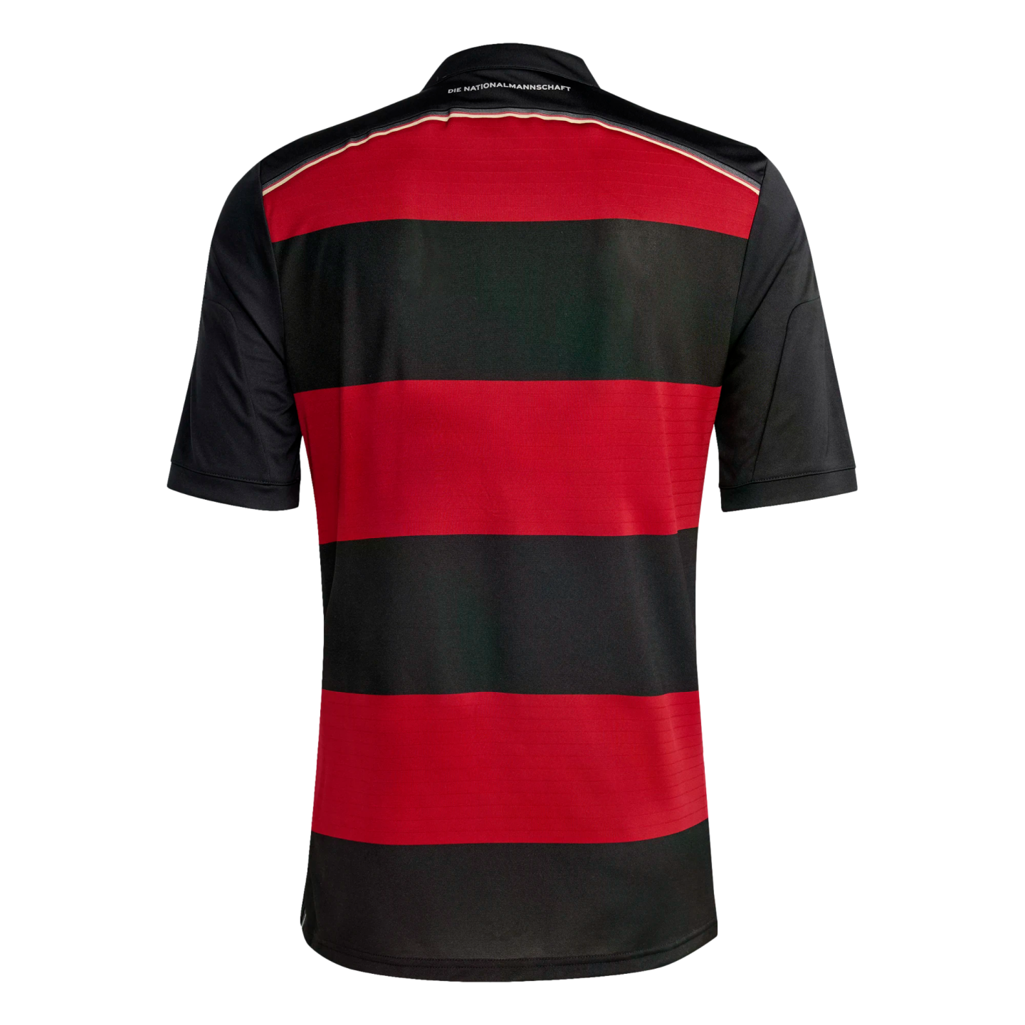 Back view of a red and black horizontally striped soccer jersey with solid black sleeves and "DIE NATIONALMANNSCHAFT" text on the back collar.