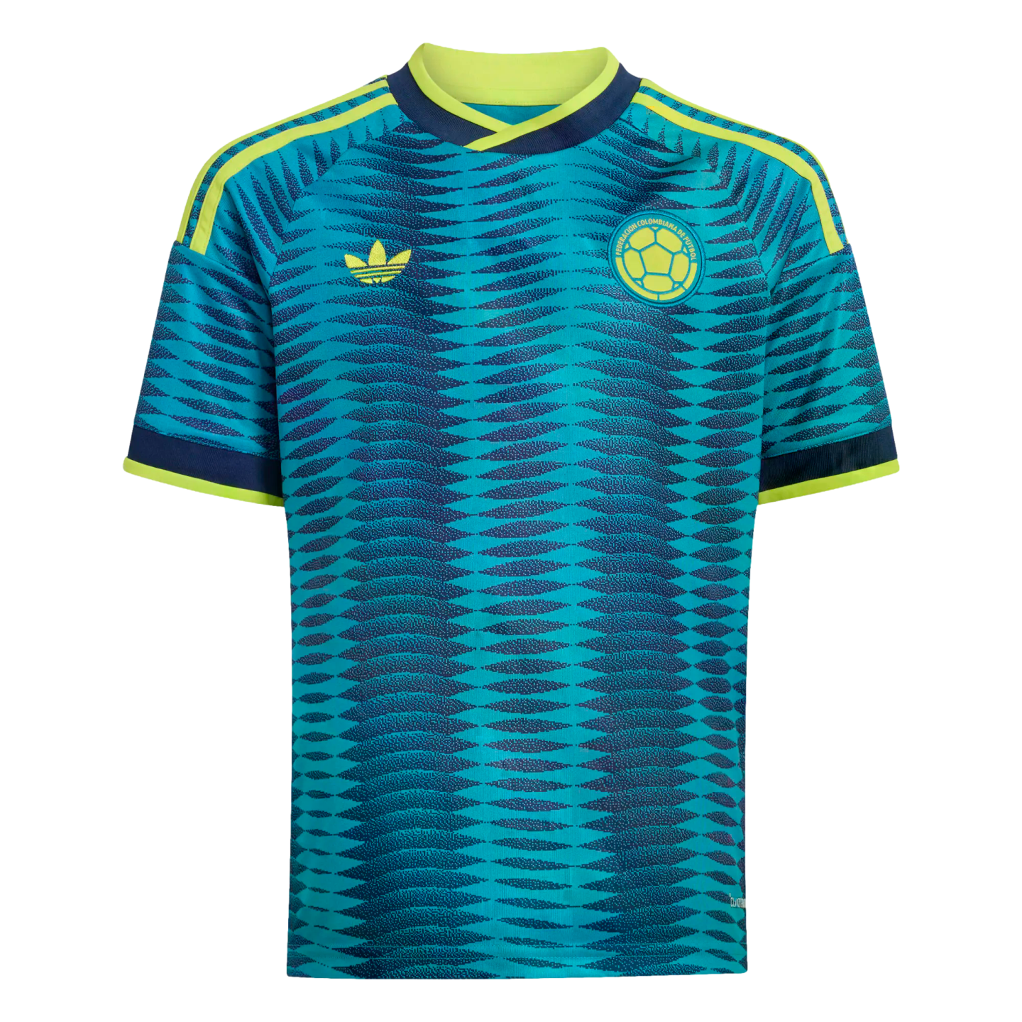 Teal soccer jersey with a wavy navy pattern, lime green trim, an Adidas trefoil logo, and the Colombian national football team crest.