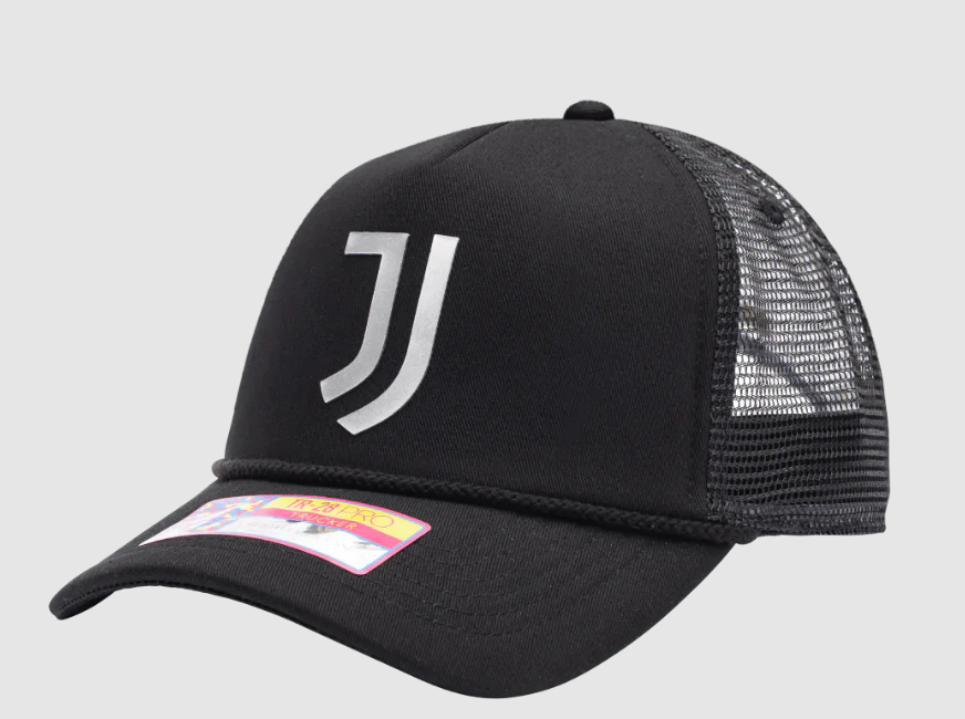 A black Juventus Athmosphere Trucker Hat featuring a silver stylized "J" logo on the front crown, mesh back panels, and a curved brim.