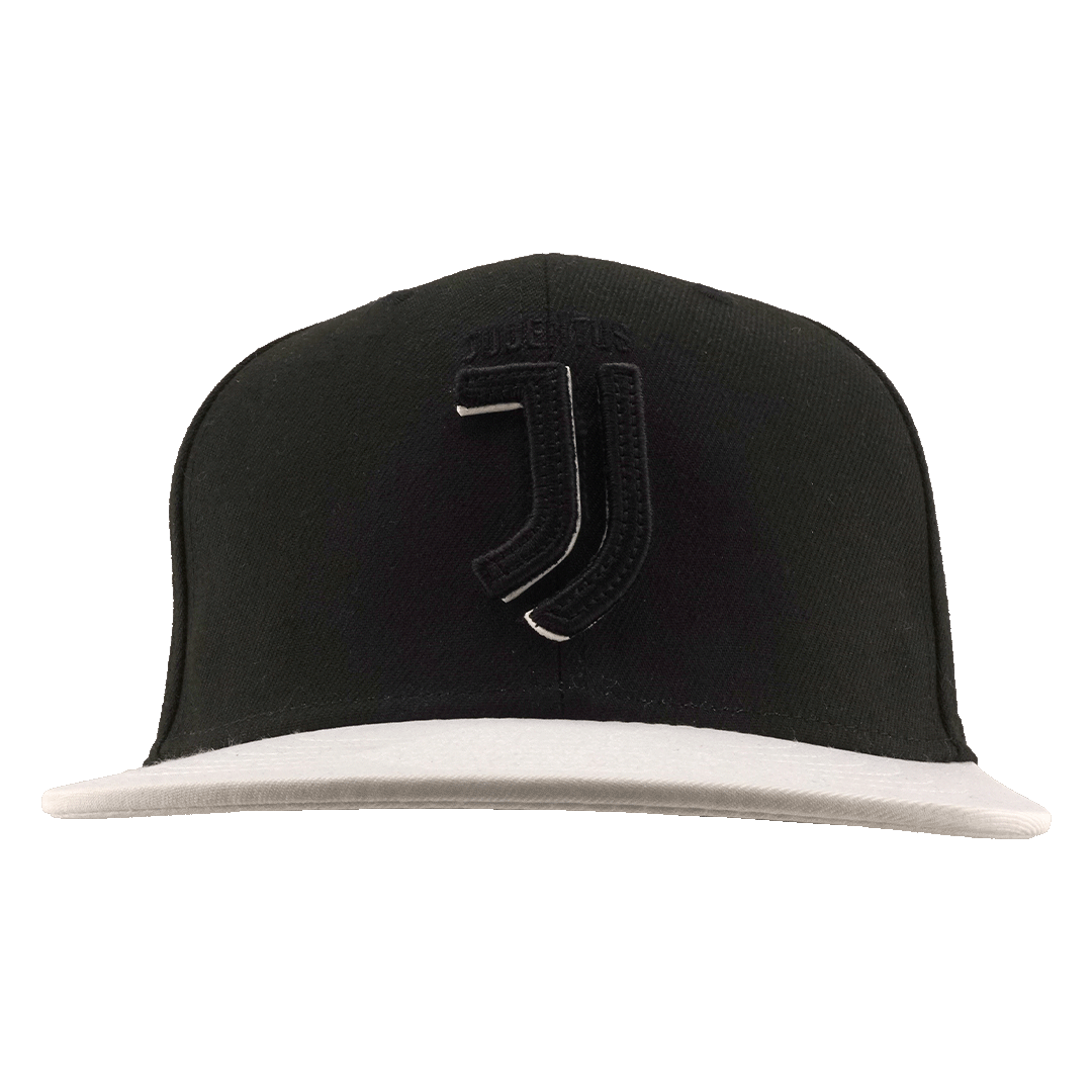 A black baseball cap with a white flat brim, featuring a large black stylized "J" logo on the front and the word "JUVENTUS" embroidered above it.