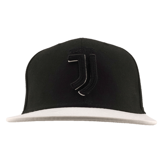 A black baseball cap with a white flat brim, featuring a large black stylized "J" logo on the front and the word "JUVENTUS" embroidered above it.