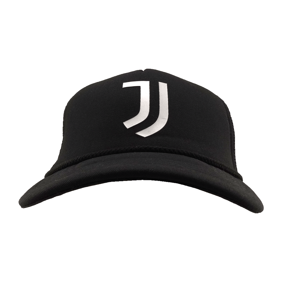 A black baseball cap with a white Juventus logo on the front, set against a solid green background.