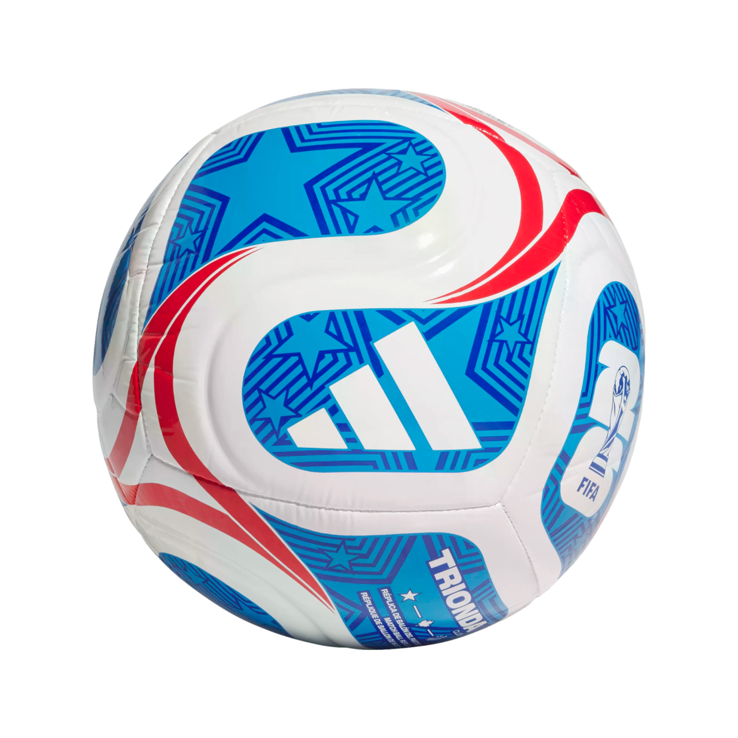 White, red, and blue Adidas soccer ball featuring geometric star patterns, the word "TRIONDA," and a FIFA World Cup logo.