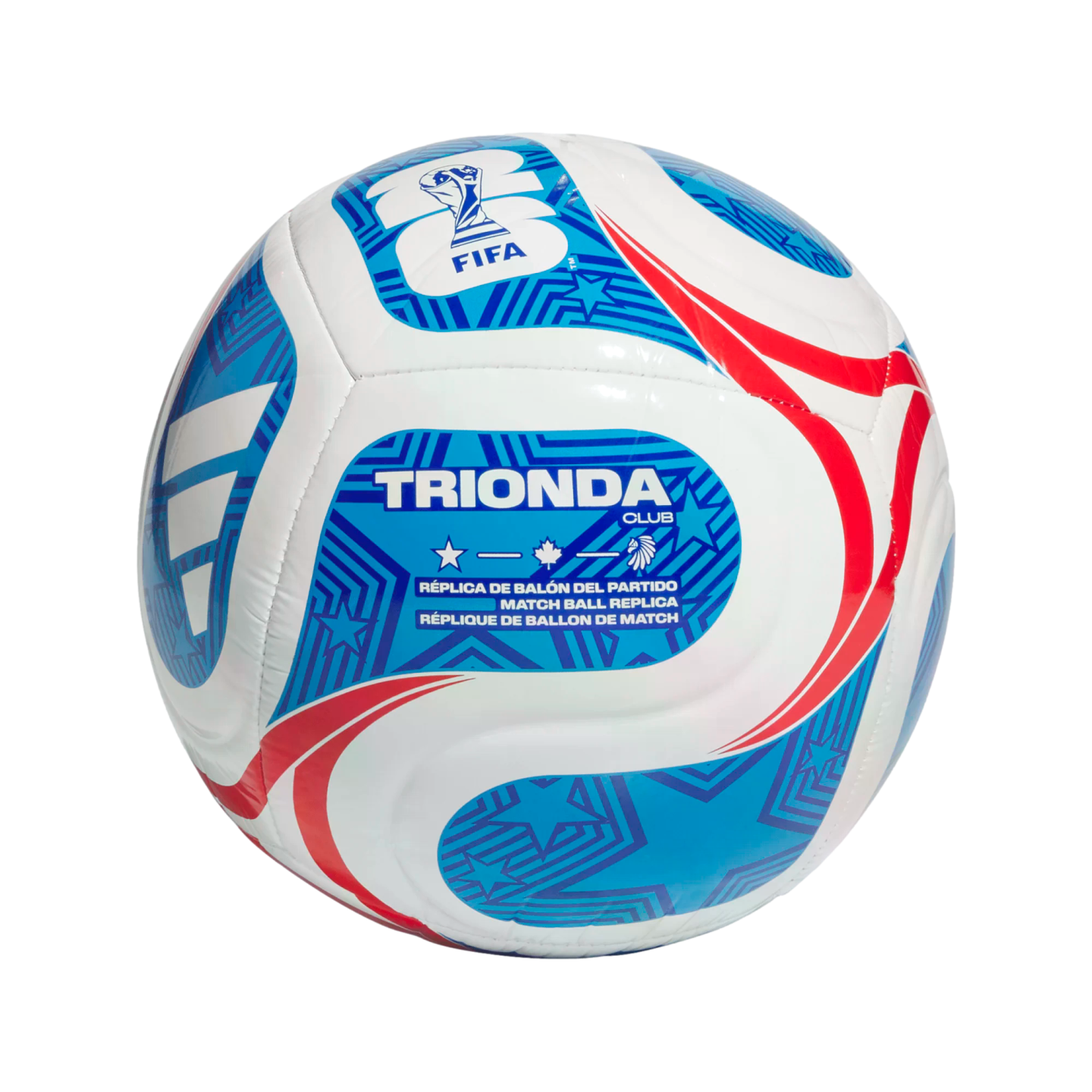 A white soccer ball with blue and red graphic patterns, featuring the FIFA logo and "TRIONDA CLUB" text. It is labeled as a match ball replica.