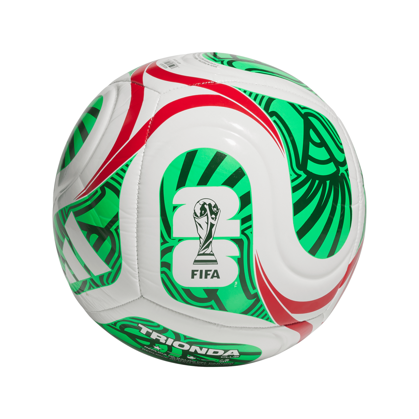 White soccer ball with green and red swirling patterns, featuring the FIFA World Cup 2026 logo and "TRIONDA CLUB" text against a black background.