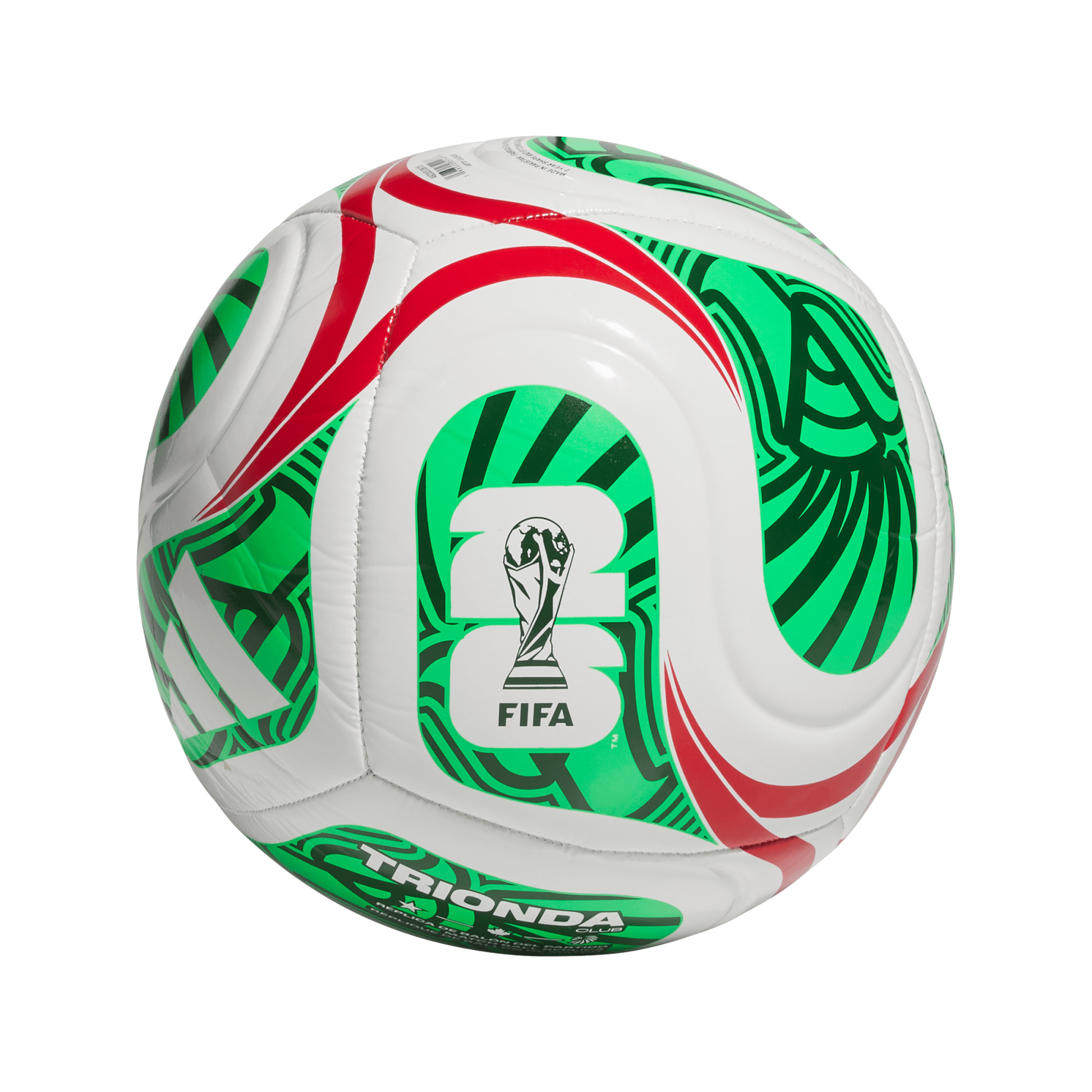 White soccer ball with green and red swirling patterns, featuring the FIFA World Cup 2026 logo and "TRIONDA CLUB" text against a black background.