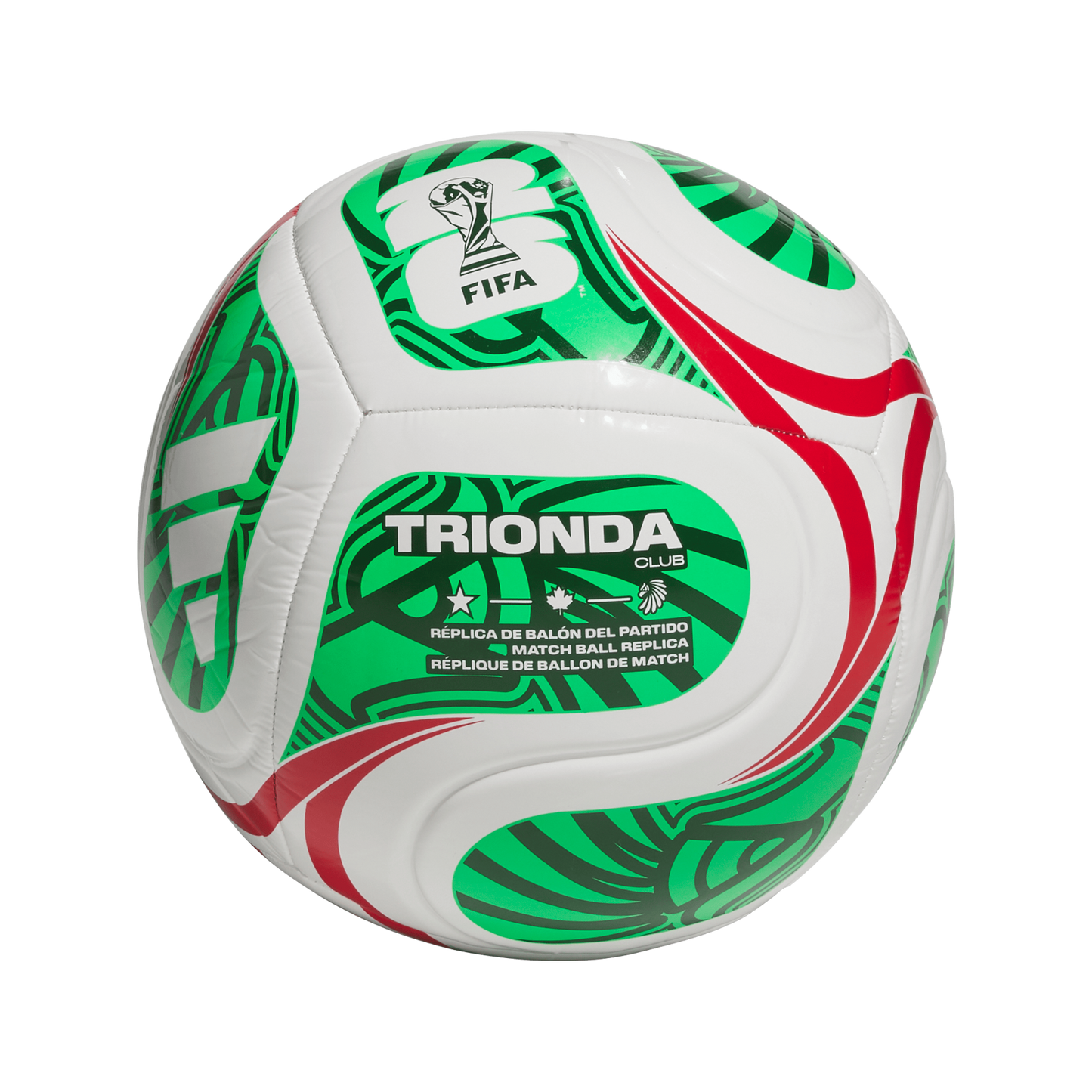 White soccer ball with green and red graphic patterns, featuring the FIFA logo, "TRIONDA CLUB" text, and icons representing the USA, Canada, and Mexico.