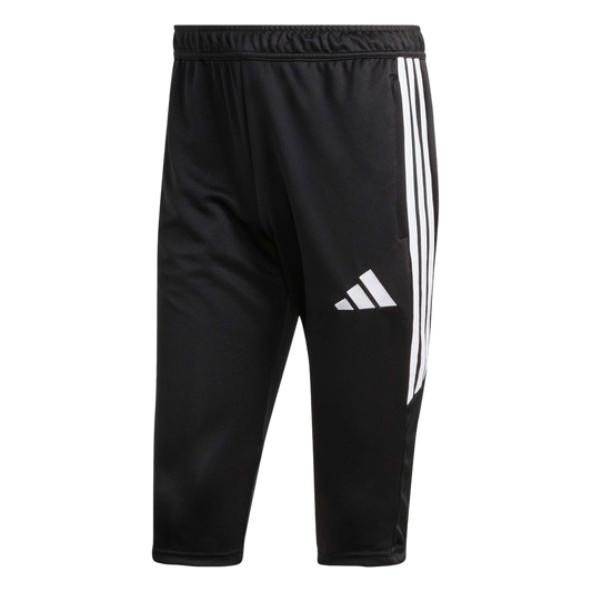 Black Adidas cropped athletic pants with three white side stripes and a white logo on the right thigh.