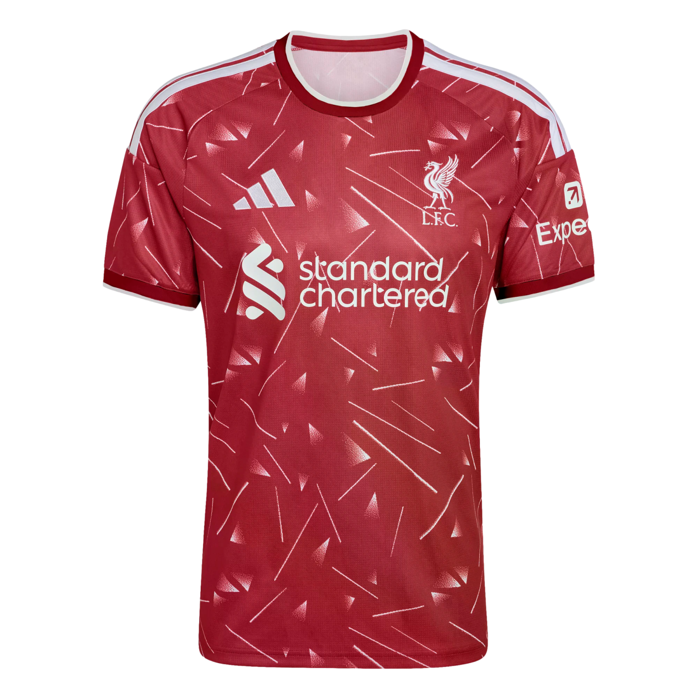 Red Liverpool F.C. football jersey with a white geometric pattern, featuring the Adidas logo, club crest, and Standard Chartered sponsor on the chest.