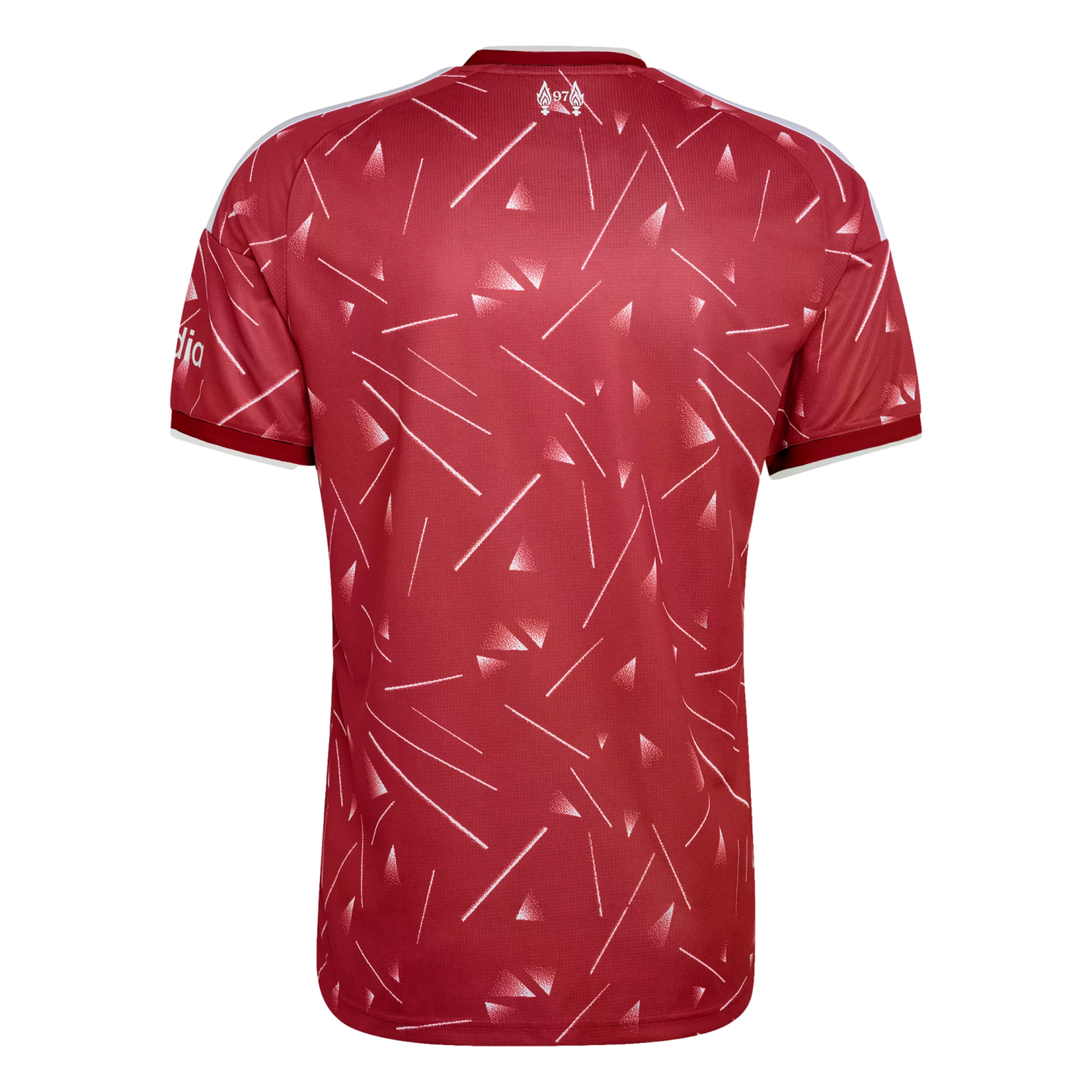 Back view of a red short-sleeved sports jersey with an all-over white pattern of diagonal lines and triangles. A small emblem with the number 97 is featured at the top center.