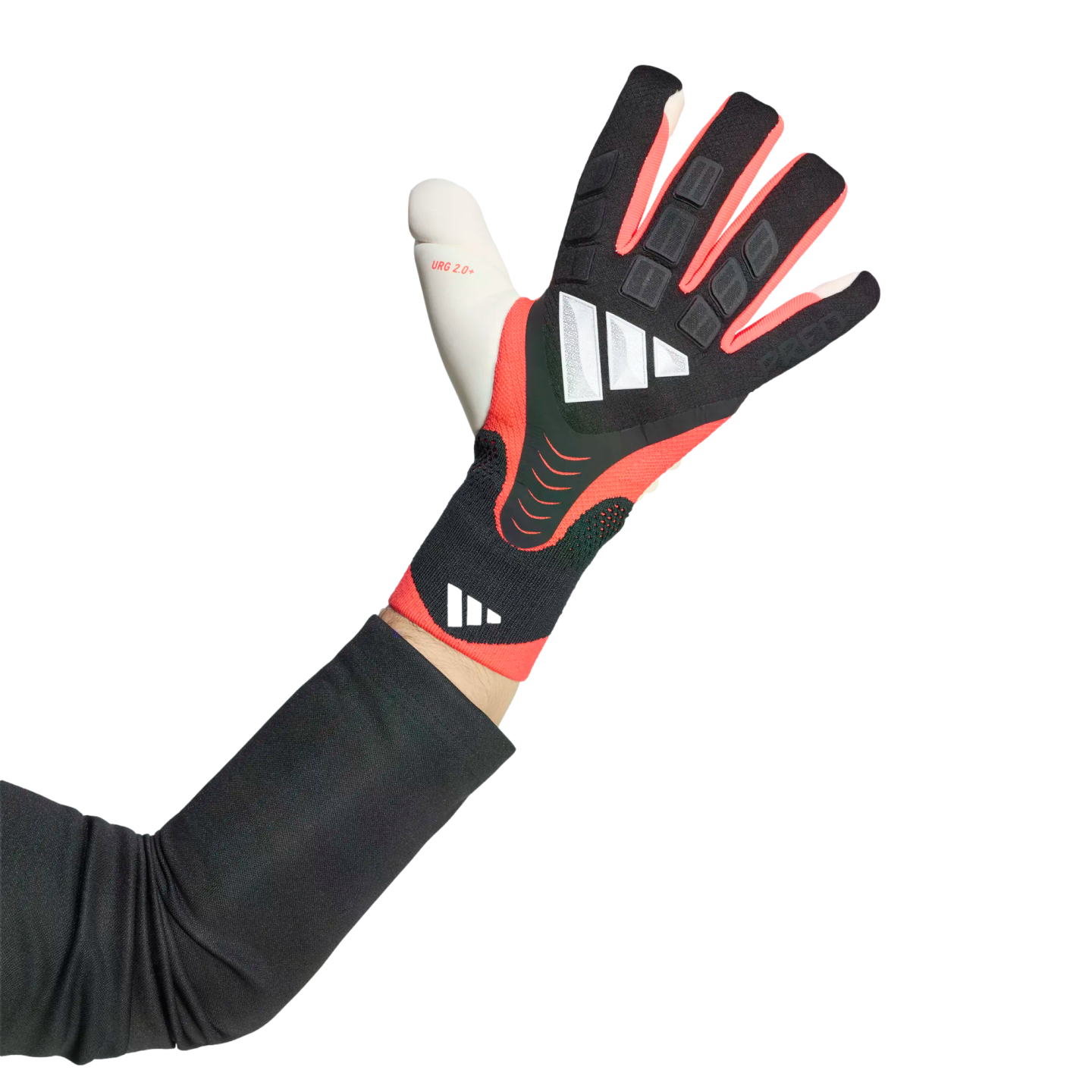 An arm wearing a black and red Adidas goalkeeper glove with white logos against a black background.