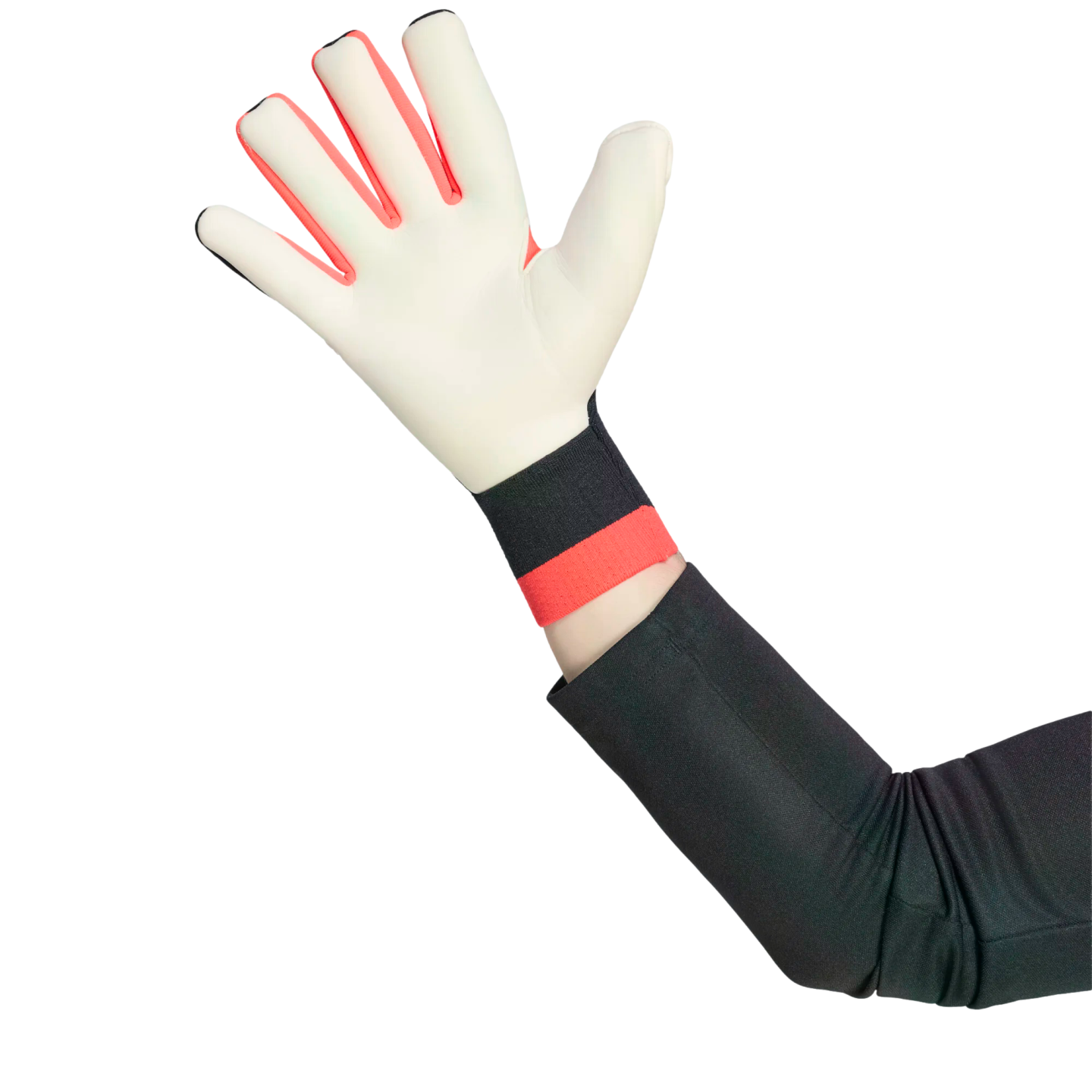 An arm in a black jersey wearing a white goalkeeper glove with red accents, raised against a black background.