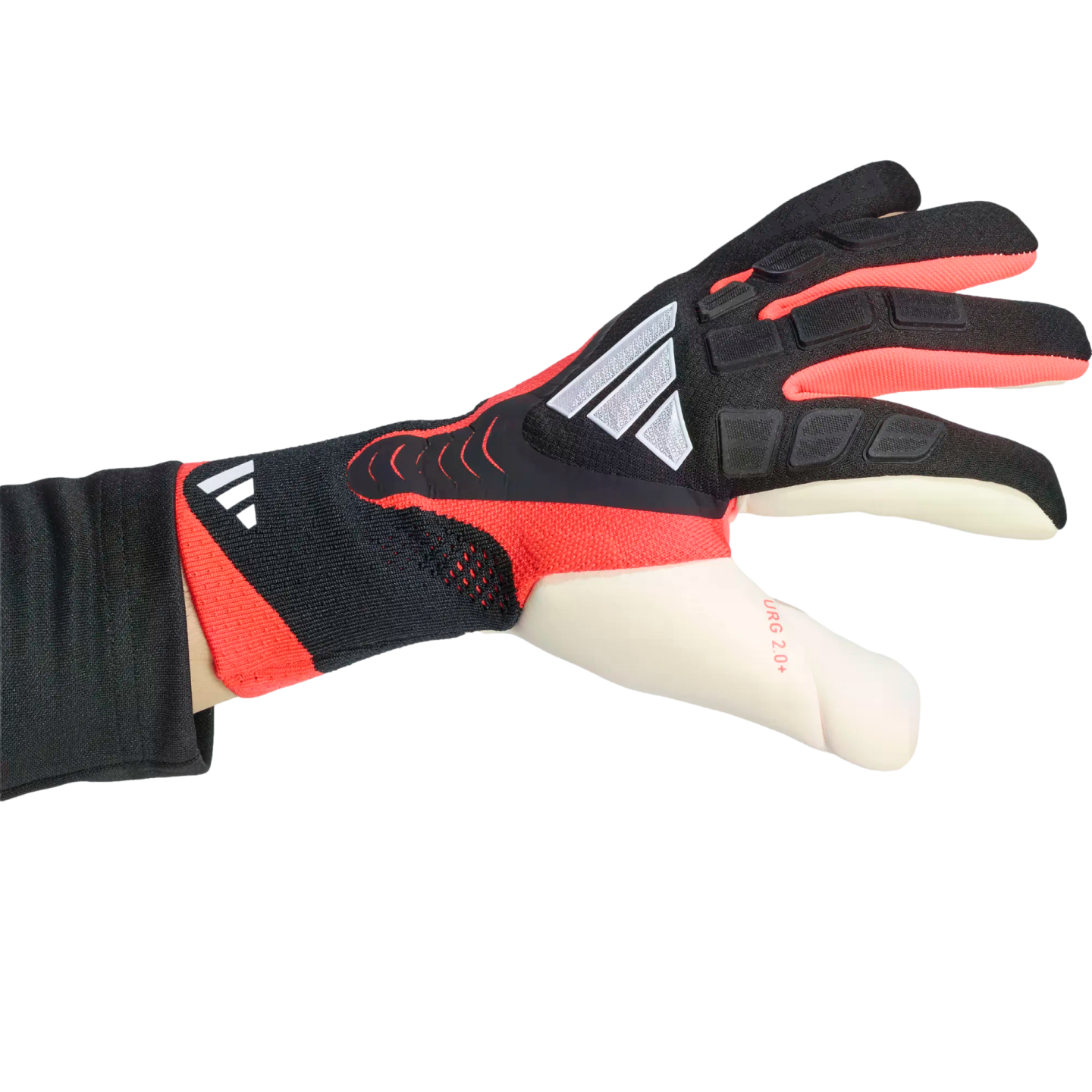 Side view of a black, red, and white Adidas goalkeeper glove on a hand. Features textured grip zones and "URG 2.0+" branding on the thumb.