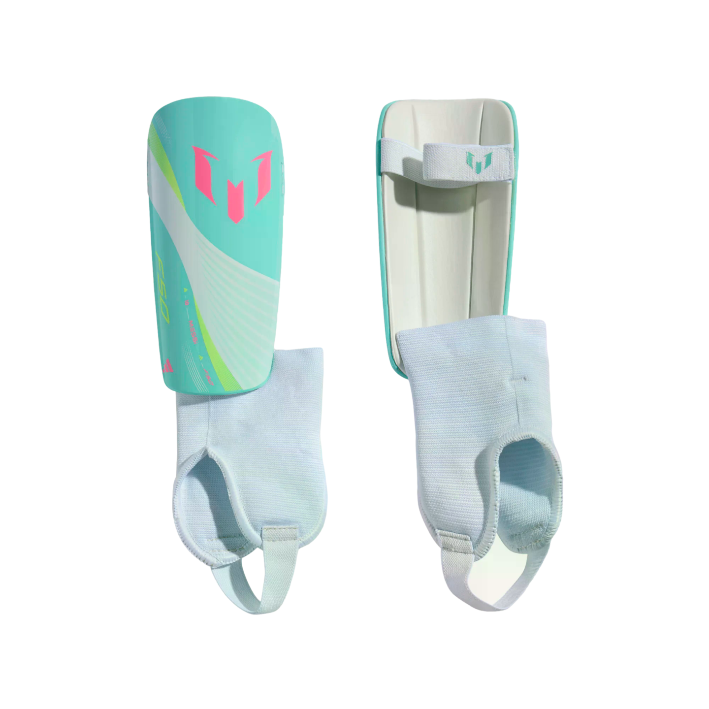 Teal Adidas Messi soccer shin guards with pink accents and white ankle sleeves, featuring both front and back views.