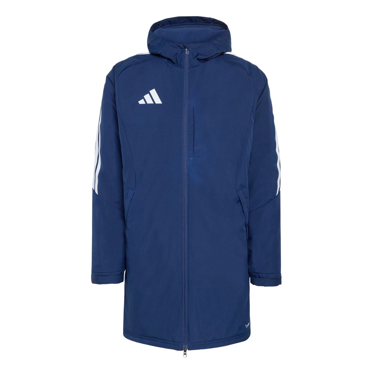A long, navy blue Adidas hooded parka featuring three white stripes on the sleeves and a white Adidas logo on the chest.