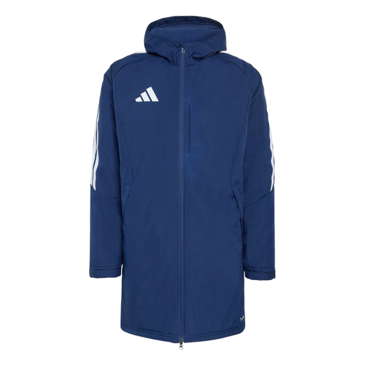 A long, navy blue Adidas hooded parka featuring three white stripes on the sleeves and a white Adidas logo on the chest.