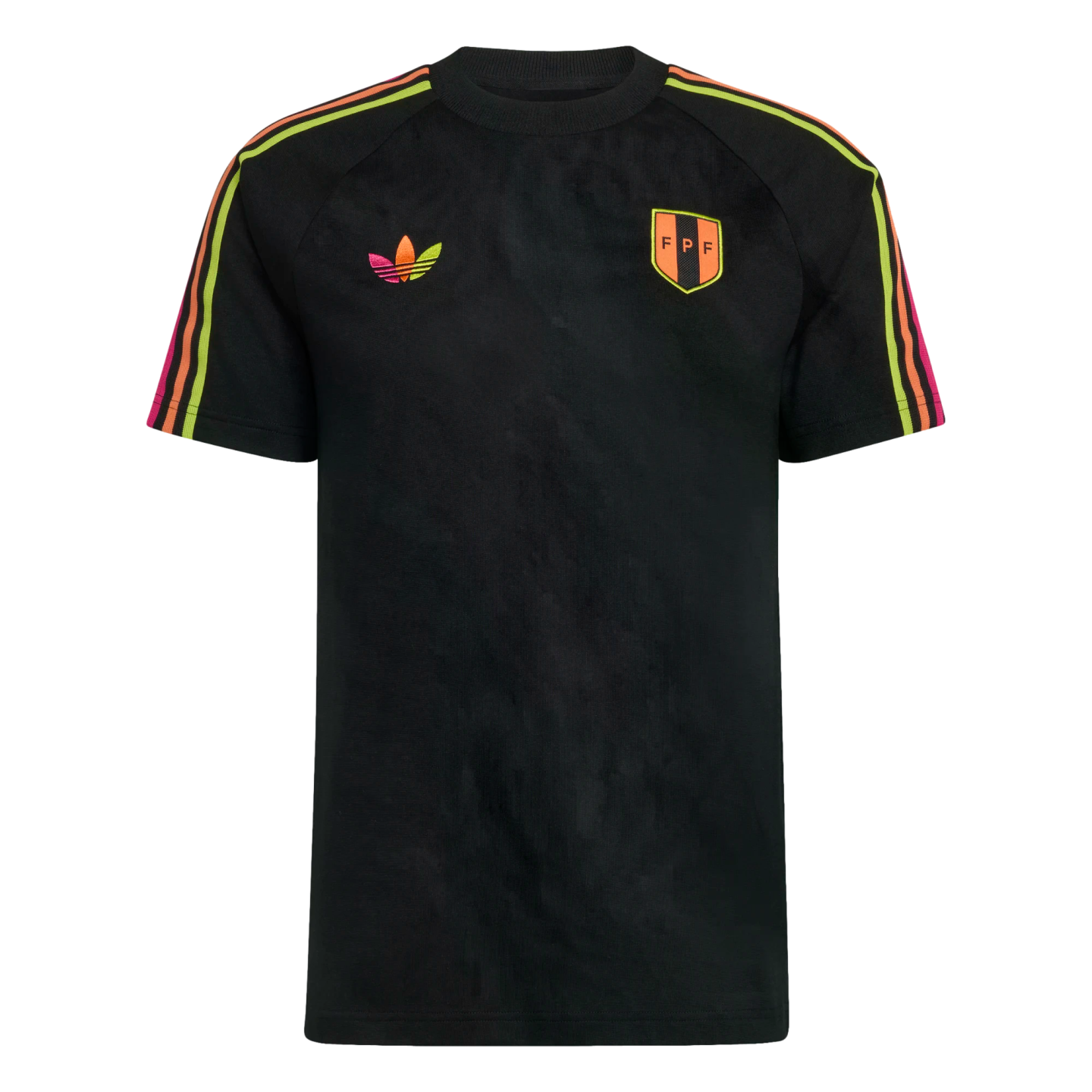 Black Adidas t-shirt featuring a multi-colored trefoil logo, FPF shield crest, and neon-colored gradient stripes on the shoulders and sleeves.