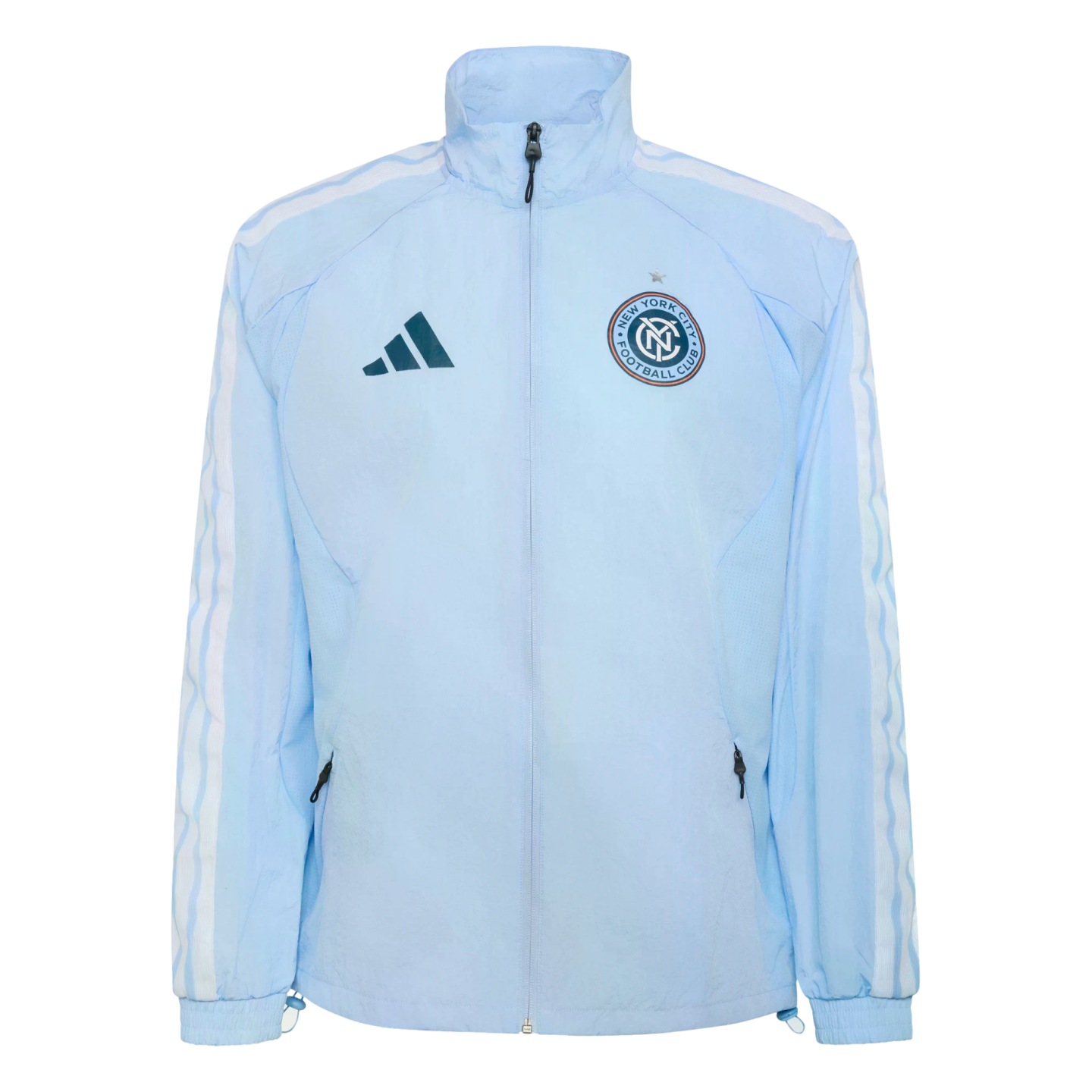 Light blue Adidas New York City FC tracksuit jacket with navy blue logo, team crest on the chest, and white stripes on the sleeves. Features a full zipper and high collar.
