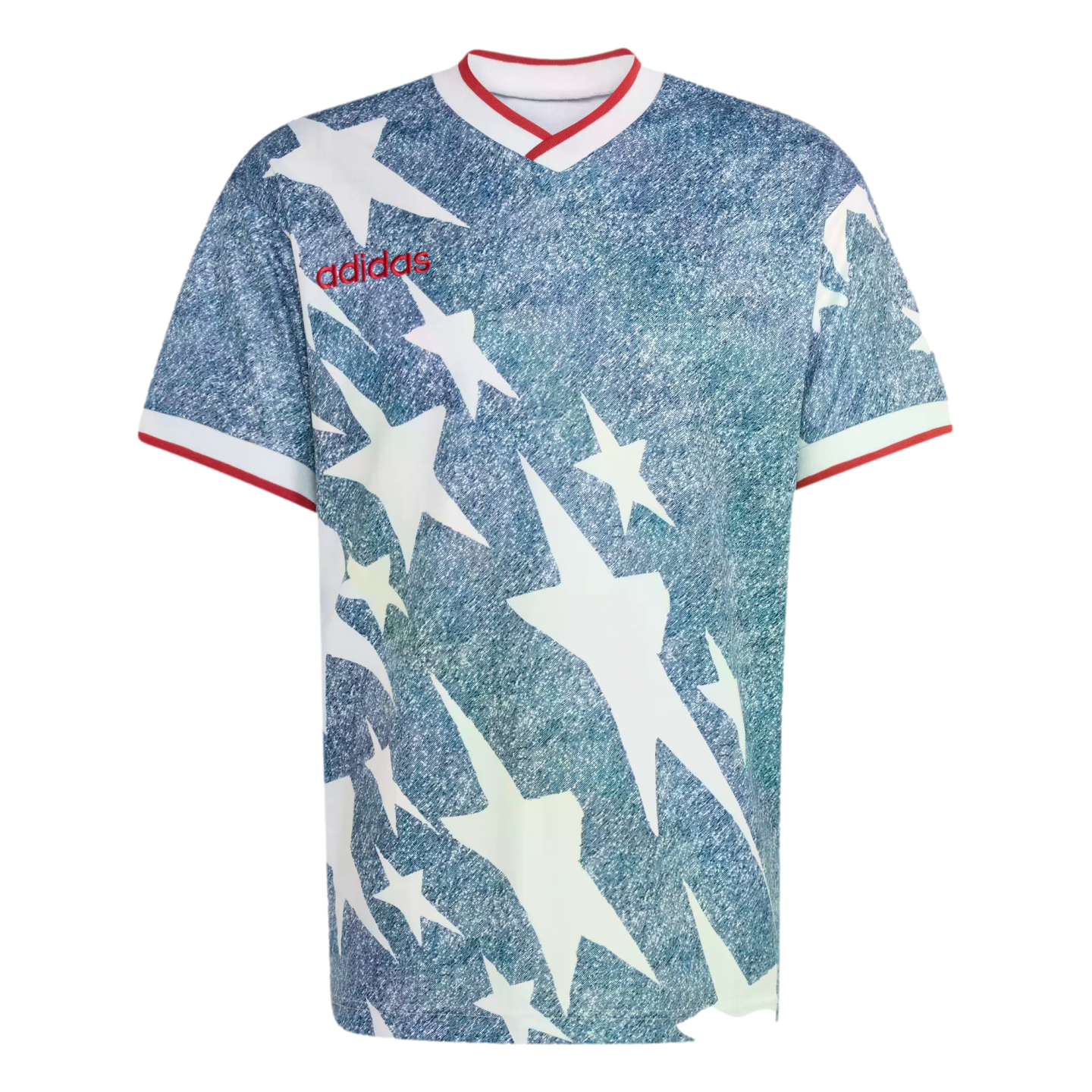 A vintage Adidas soccer jersey featuring a blue denim-effect pattern and large white stars. It has a white V-neck collar and sleeve cuffs, both with red trim.