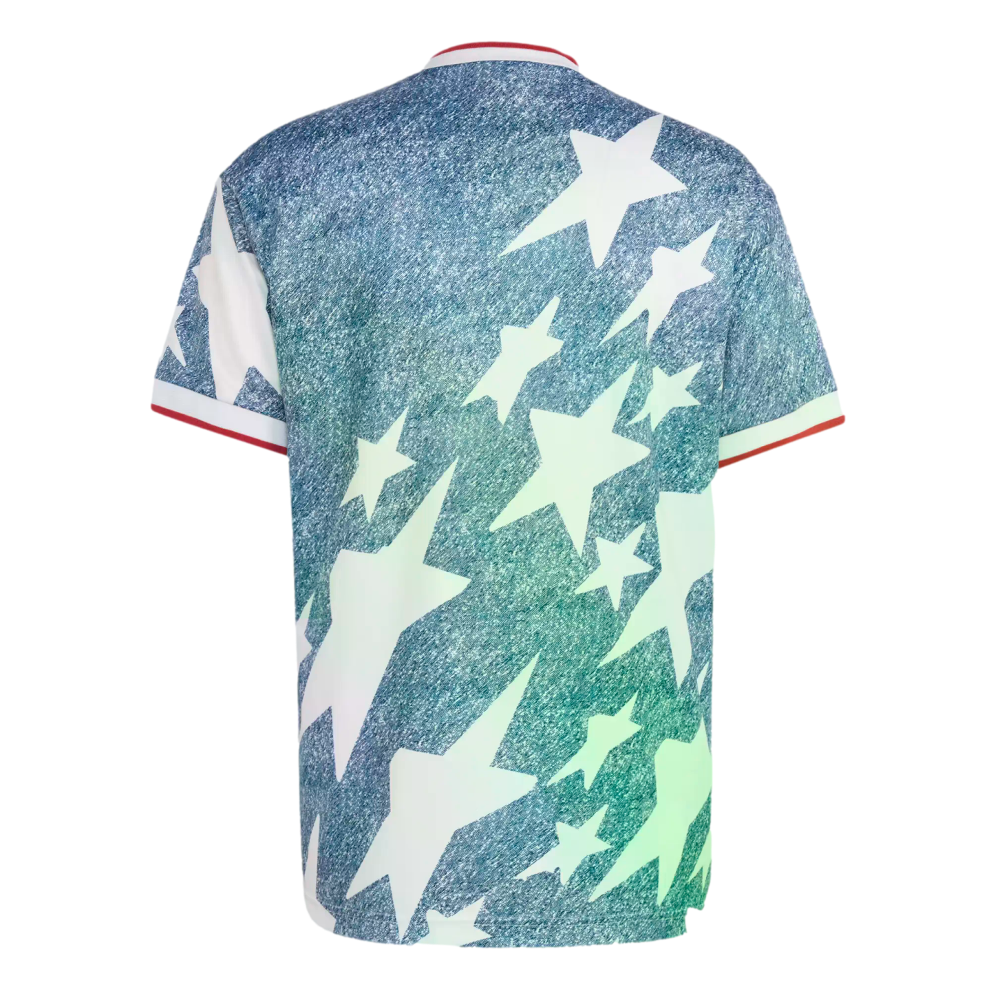 Back view of a blue, denim-textured t-shirt featuring scattered large white stars and red and white trim on the collar and sleeves.