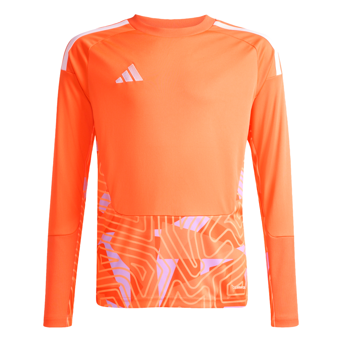 Orange Adidas long-sleeve jersey with white shoulder stripes and a light purple geometric pattern on the lower half.