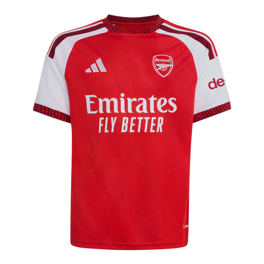Arsenal home football jersey featuring a red torso, white sleeves, the club crest, Adidas logo, and "Emirates FLY BETTER" sponsor text.