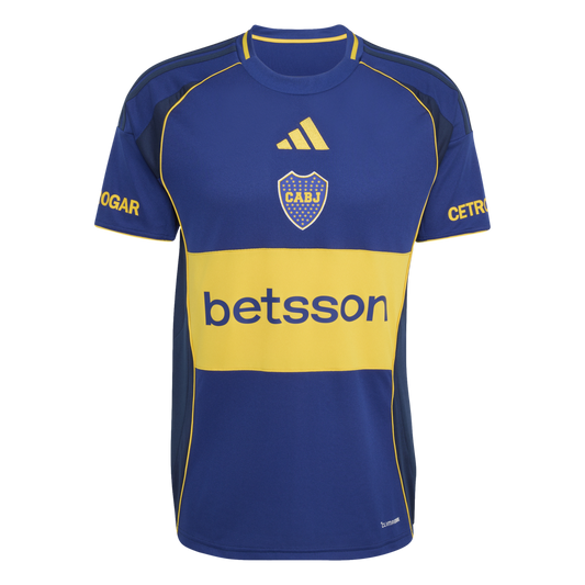 Blue and yellow Adidas Boca Juniors soccer jersey featuring a central yellow band with the "betsson" logo and the CABJ club crest.