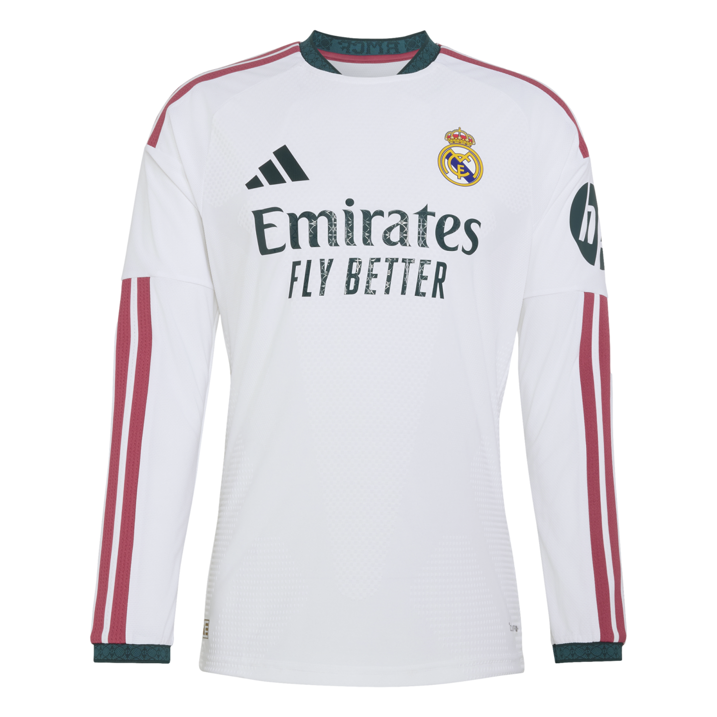 Long-sleeved white Real Madrid home jersey featuring dark red shoulder stripes, dark green collar and cuffs, and the Emirates sponsor logo across the chest.