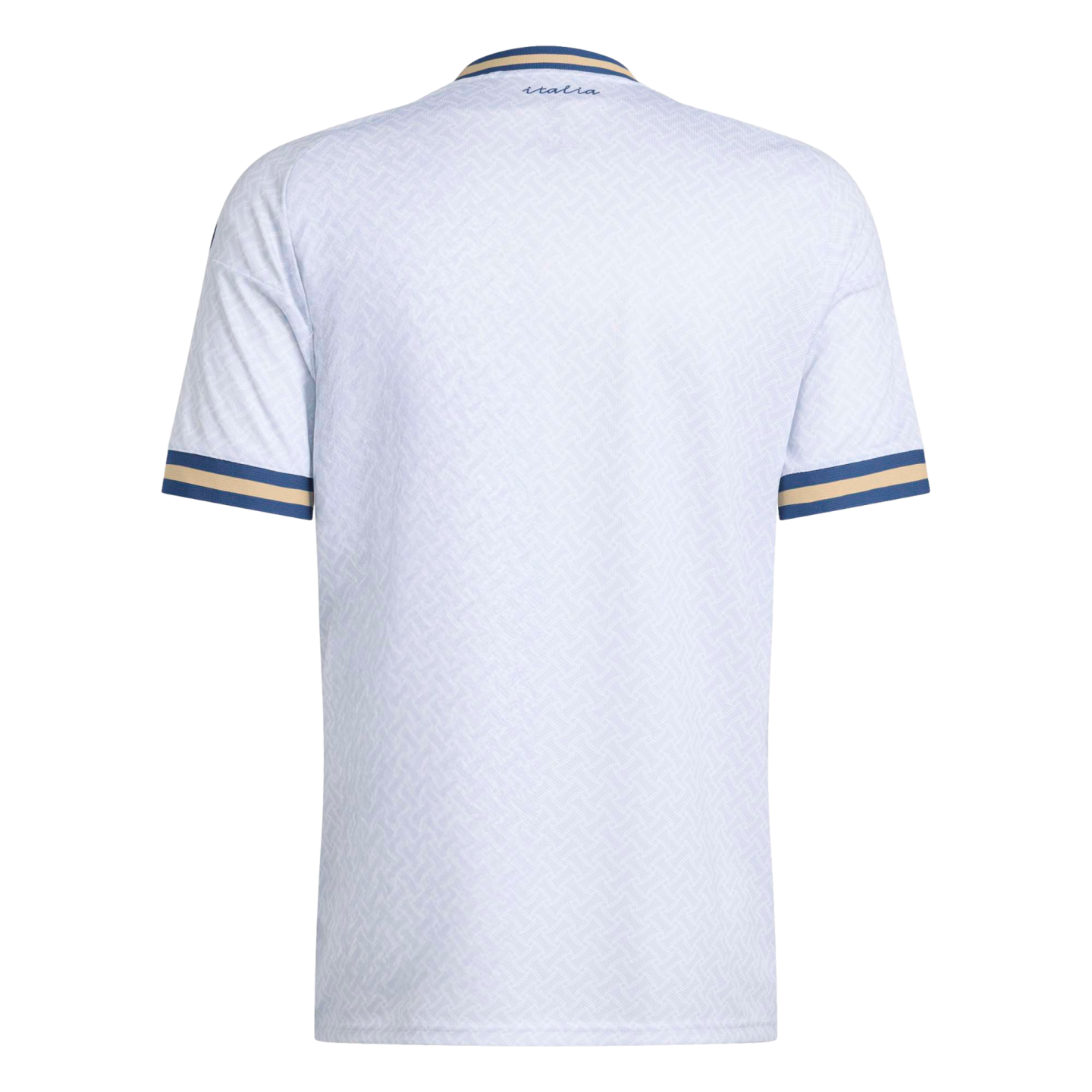 Back view of a white Italy soccer jersey with a subtle pattern and blue and gold striped trim on the collar and cuffs. Small "italia" text is at the neck.