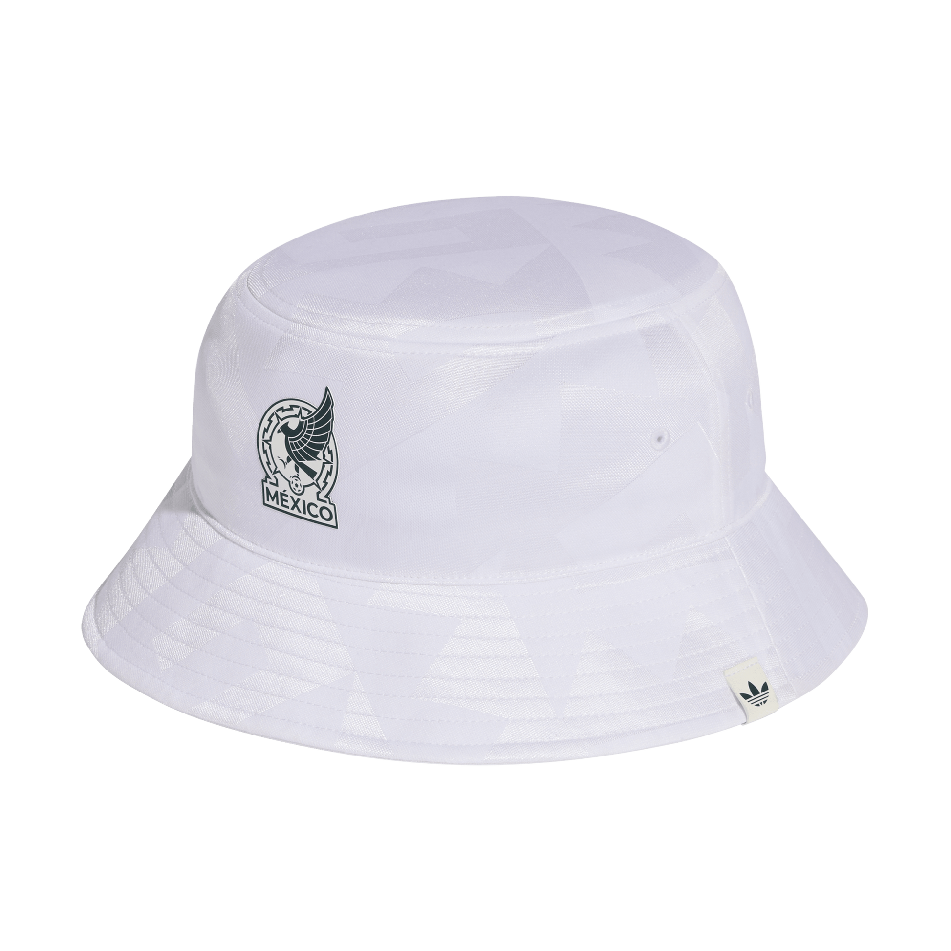 White bucket hat with a subtle tonal pattern, featuring the Mexico national football team logo and a small Adidas tag on the brim. Black background.