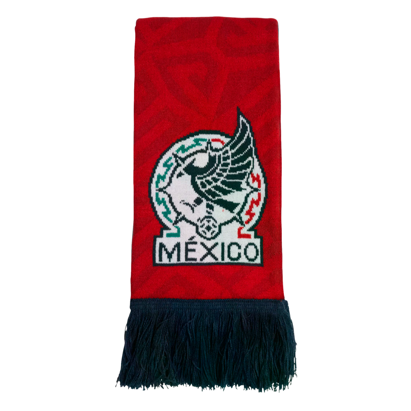 A red knit scarf featuring the Mexico national football team crest and the word "MÉXICO" above dark blue fringe.